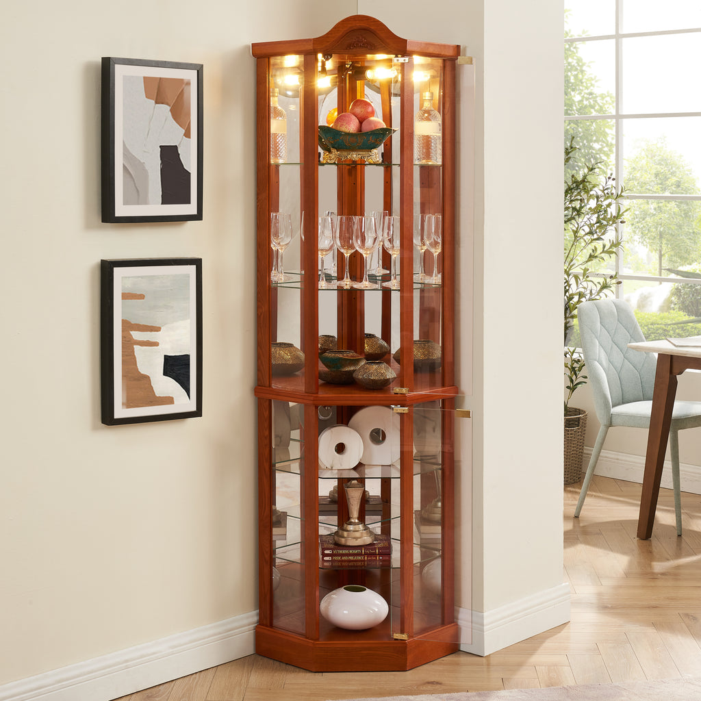 Glass Cabinet Lighted Corner Cabinet Corner Display Curio Cabinet, Glass Display With Light(Included)Bar Cabinet,Wine Cabinet with Adjustable Glass Shelves Carved Decoration OAK Light(Included) - Grand Goldman Shop