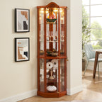Glass Cabinet Lighted Corner Cabinet Corner Display Curio Cabinet, Glass Display With Light(Included)Bar Cabinet,Wine Cabinet with Adjustable Glass Shelves Carved Decoration OAK Light(Included) - Grand Goldman Shop