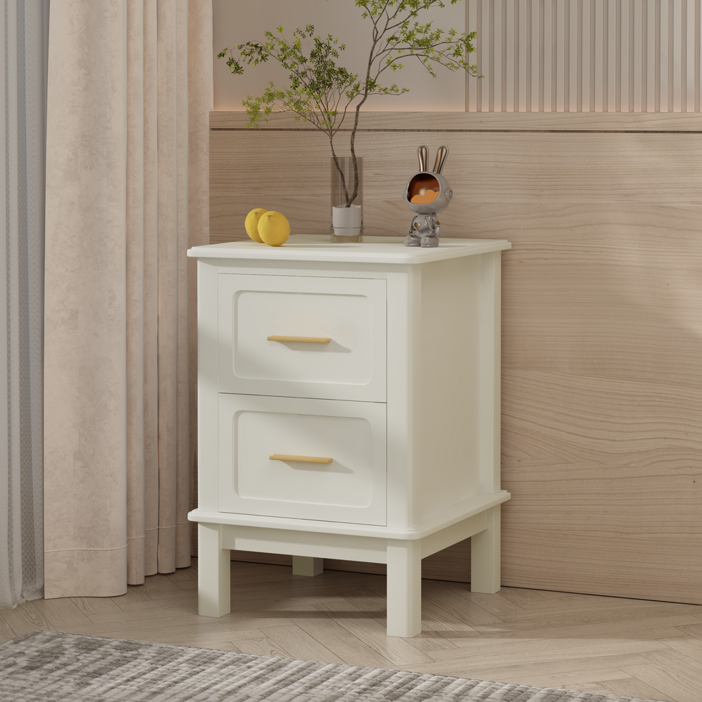 Modern  Nightstand with 2 Drawers, Bedroom Bedside Table with Gold Handles, Sturdy Wood Accent Table for Small Spaces, Living Room, Kids Room & Guest Room-Off White - Grand Goldman Shop