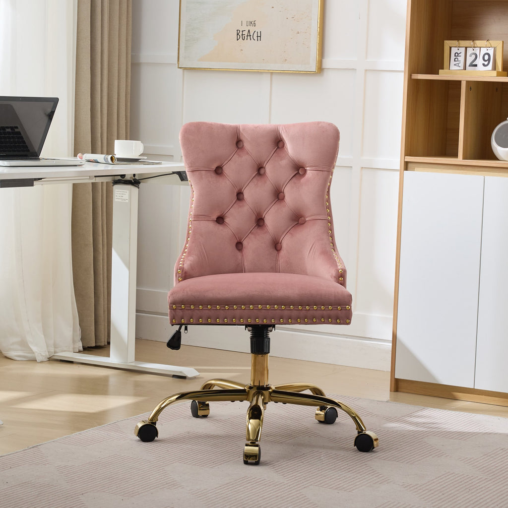 A&A Furniture Office Chair,Modern Velvet Upholstered Tufted Button Home Office Chair with Golden Metal Base,Adjustable Desk C