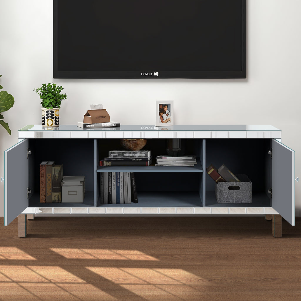 Mirrored TV Stand for 65+ inch TV,Sliver TV Console Table with Open Storage & 2 Storage Cabinets ,Diamond Shape Sparkling Mirror Doors for Living Room(59''W x 25.2''H x 15.7D) - Grand Goldman Shop