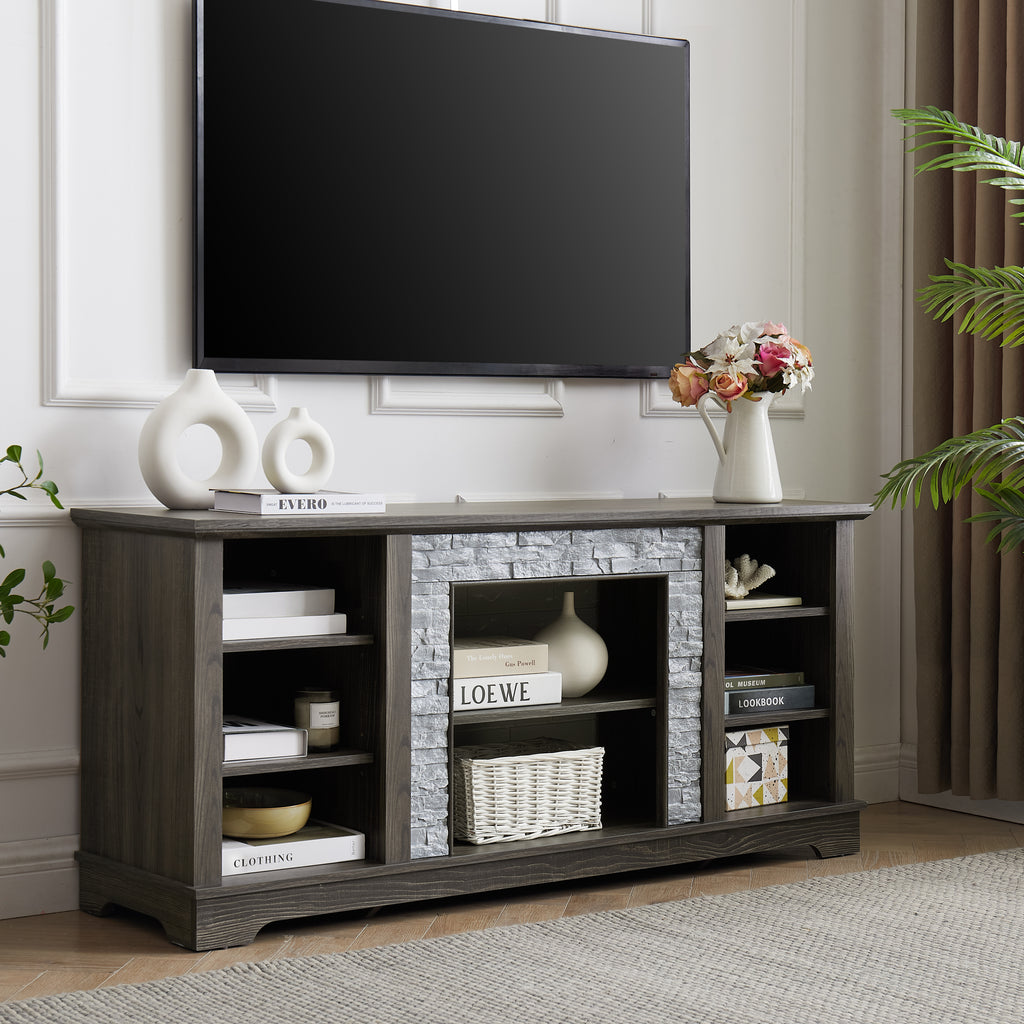 Mantel Stone TV Media Stand with with Faux Stacked Stone Surround, Modern Entertainment Console with Open Storage Space,Grey, 58.31'W*15.39'D*26.06'H - Grand Goldman Shop