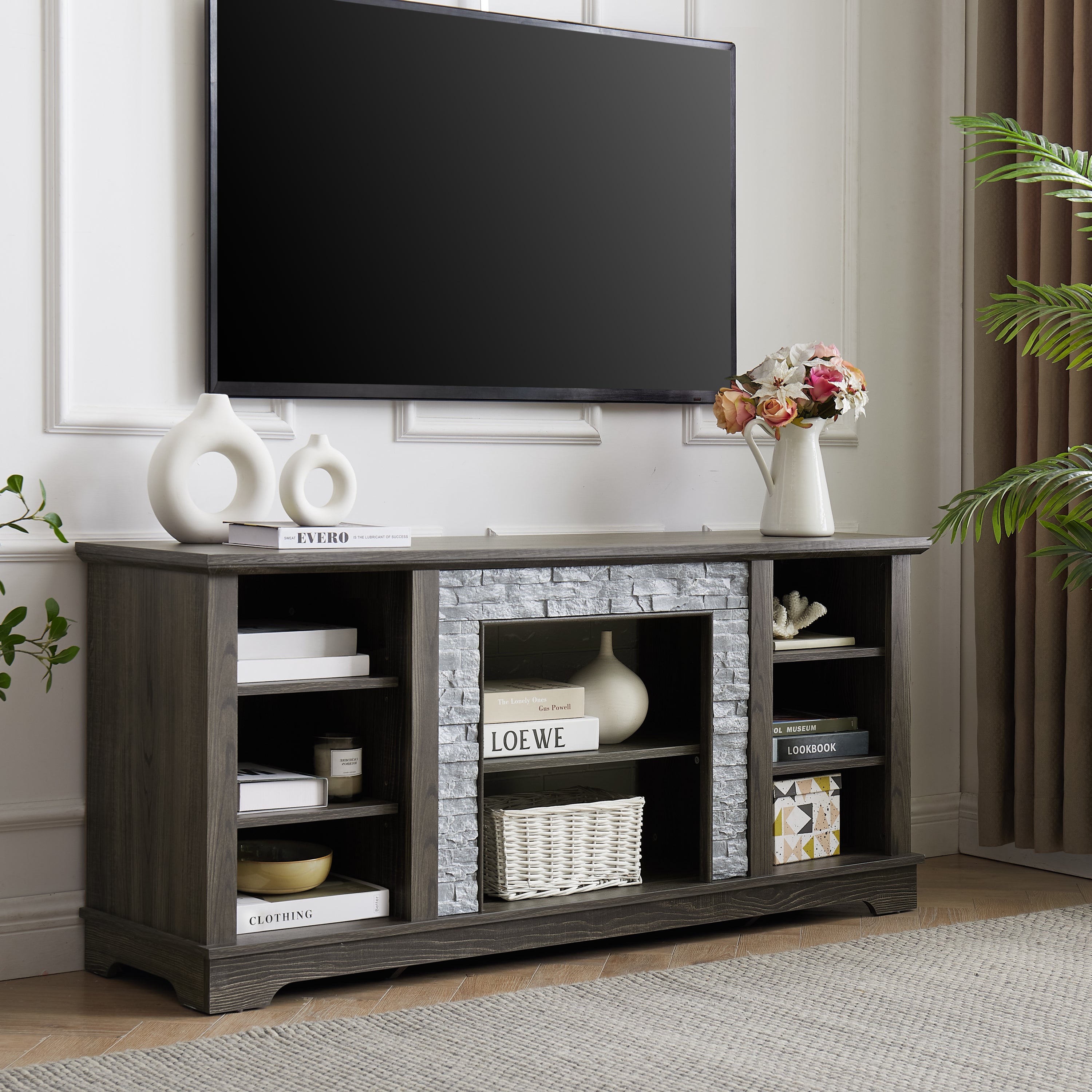 Mantel Stone TV Media Stand with with Faux Stacked Stone Surround, Modern Entertainment Console with Open Storage Space,Grey, 58.31'W*15.39'D*26.06'H - Grand Goldman Shop