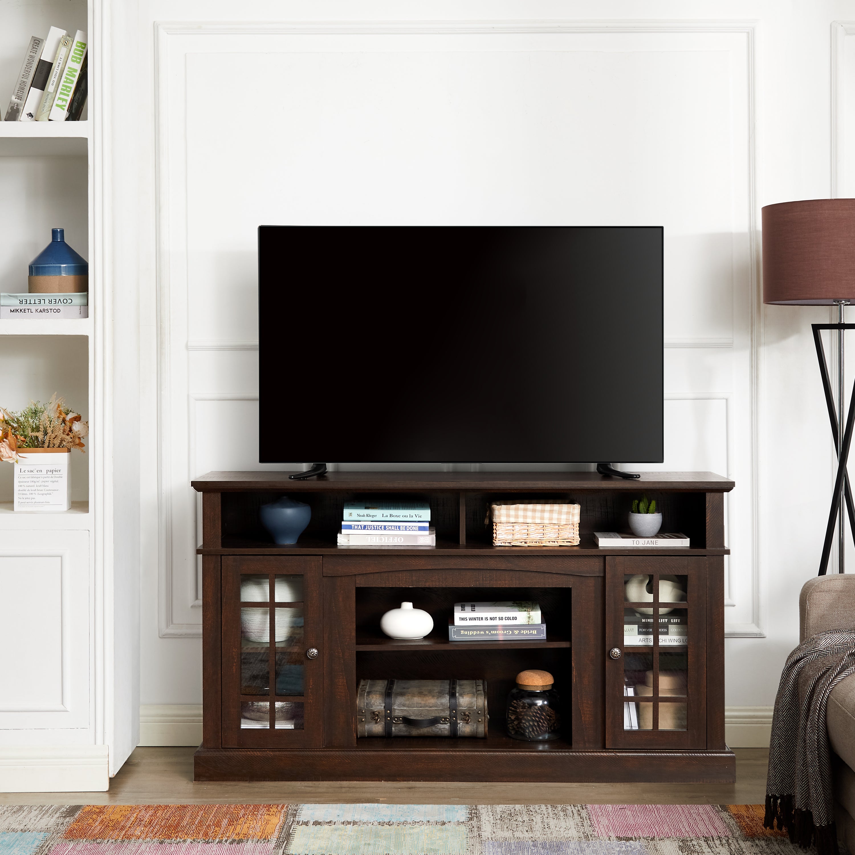 Classic TV Media Stand Modern Entertainment Console for TV Up to 65' with Open and Closed Storage Space, Espresso, 58.25'W*15.75'D*32'H - Grand Goldman Shop