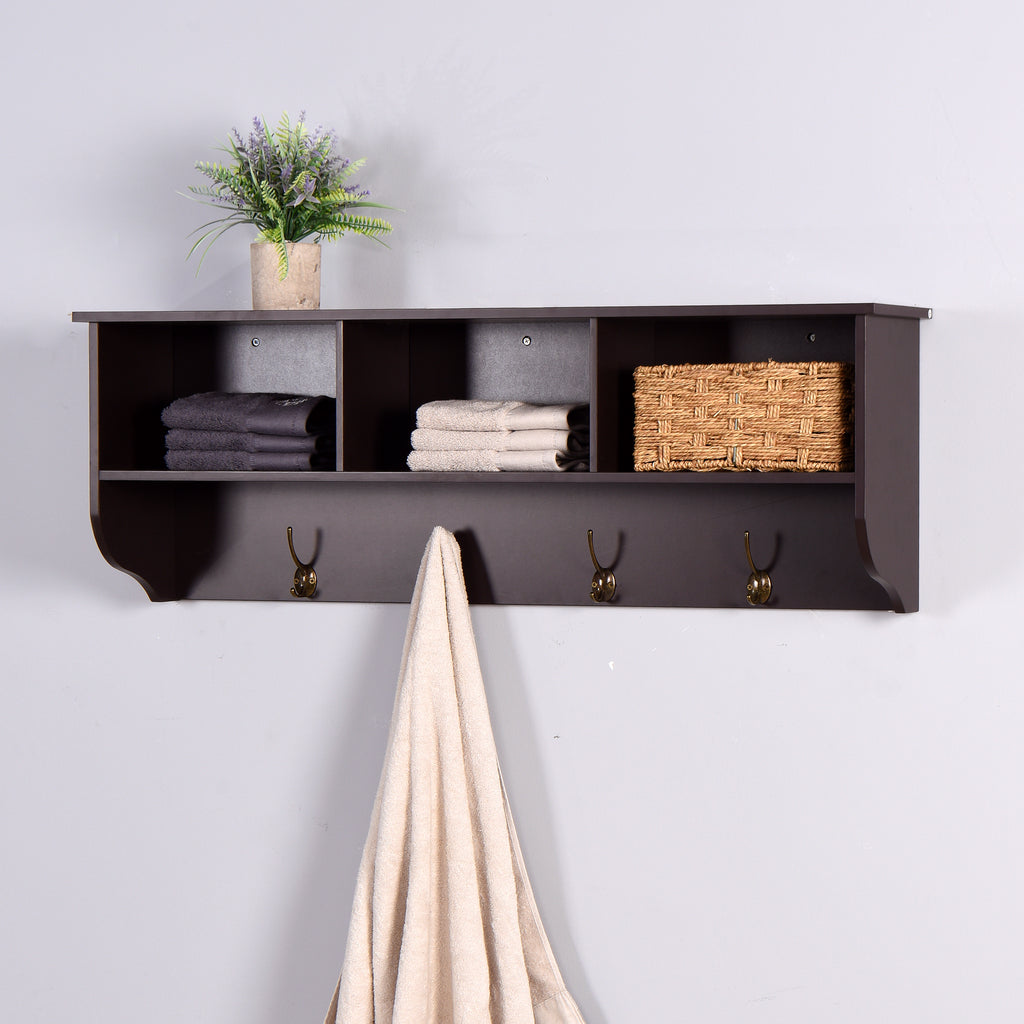 Espresso Entryway Wall Mounted Coat Rack with 4 Dual Hooks Living Room Wooden Storage Shelf - Grand Goldman Shop