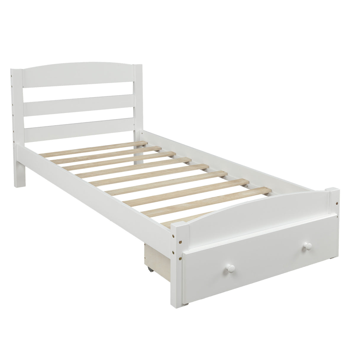 Classic Pine Wood Platform Twin Bed Frame with Storage Drawer, White Finish, No Box Spring Needed - Grand Goldman Shop