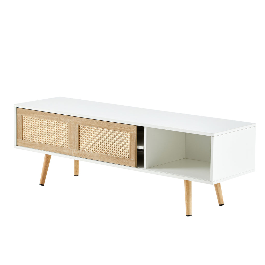 Modern Rattan TV Cabinet with Double Sliding Doors, Adjustable Shelf, Solid Wood Legs, White, 55.12 inches - Grand Goldman Shop
