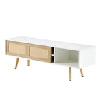 Modern Rattan TV Cabinet with Double Sliding Doors, Adjustable Shelf, Solid Wood Legs, White, 55.12 inches - Grand Goldman Shop