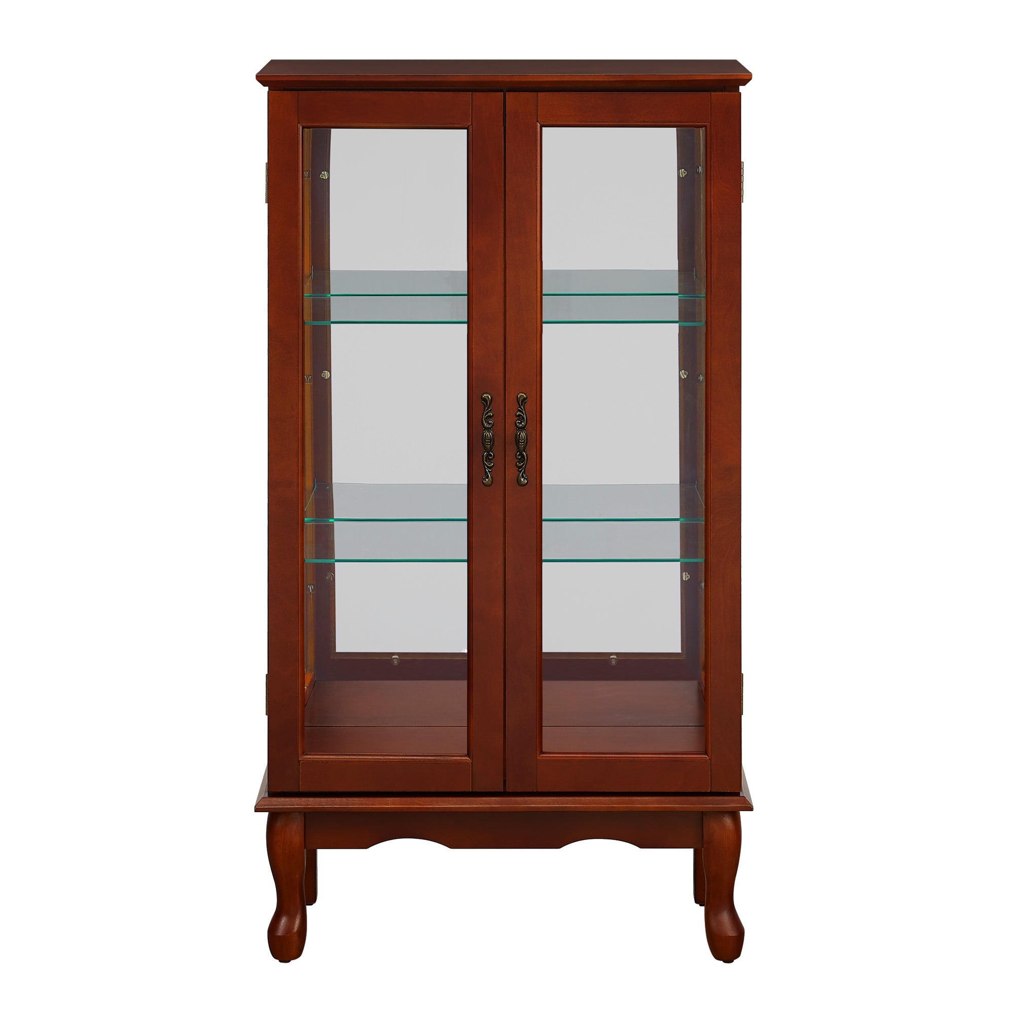 Lighted Curio Cabinet with Adjustable Shelves, Mirrored Back Panel, and Tempered Glass Doors, 3-Tier Cherry Finish - Grand Goldman Shop