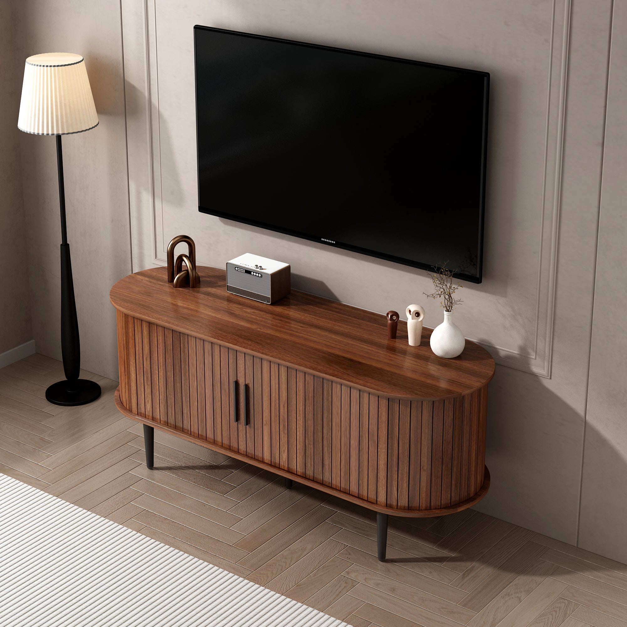 TV Stand, 47' Modern TV Console Table with Storage Compartment and Sliding Door, Gaming Entertainment Center with Cabinet for Living Room, Bedroom, Office (Walnut) - Grand Goldman Shop