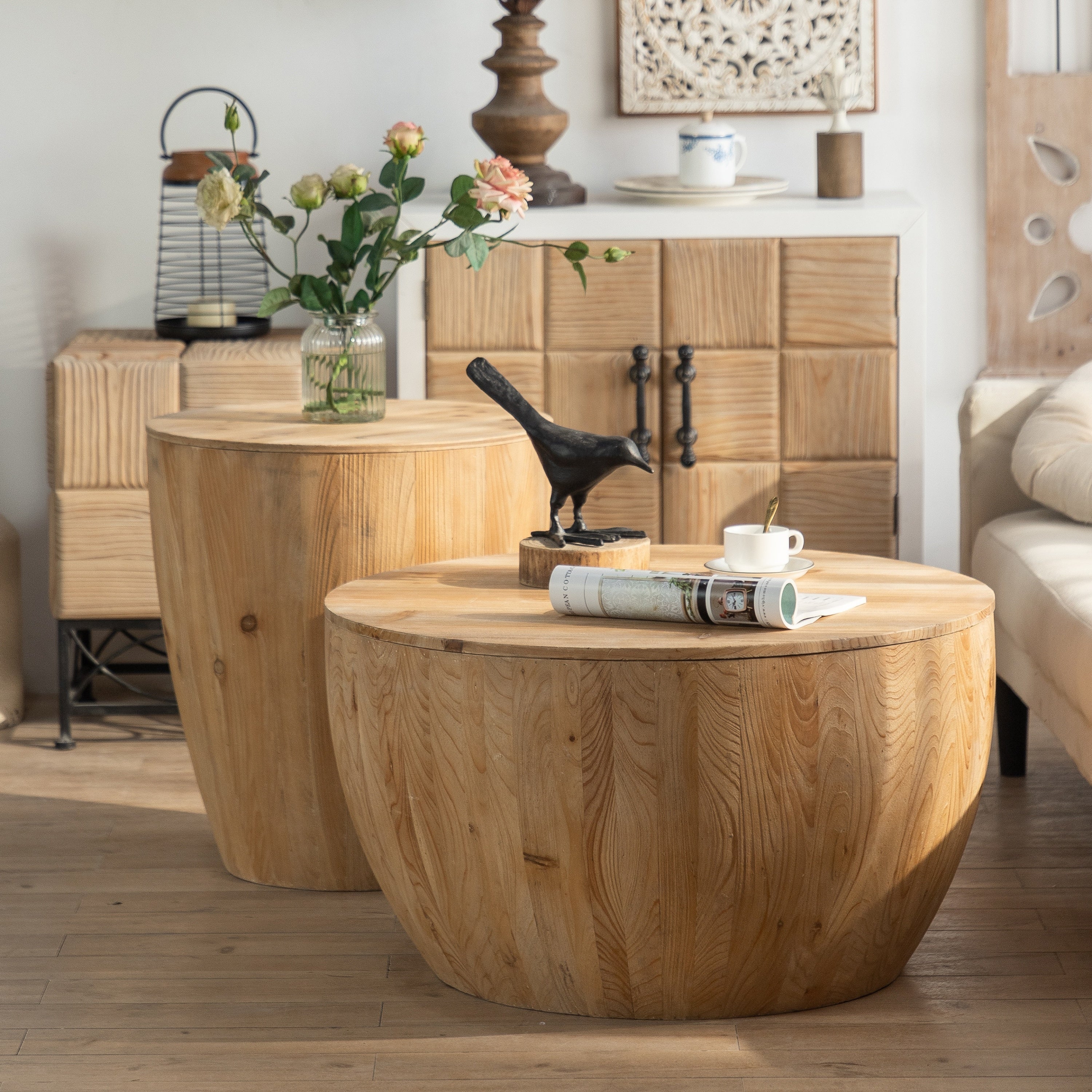 Vintage Style Barrel Coffee Table with Storage in Natural Finish, Solid Wood and MDF, 31.50' Diameter for Living Room, Dining Room, Office - Grand Goldman Shop