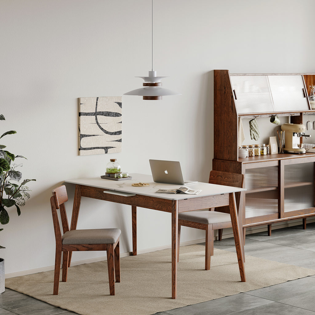 Walnut Solid Oak and White Slate Telescopic Dining Table for 6-8 People, Wood (Walnut Color) - Grand Goldman Shop