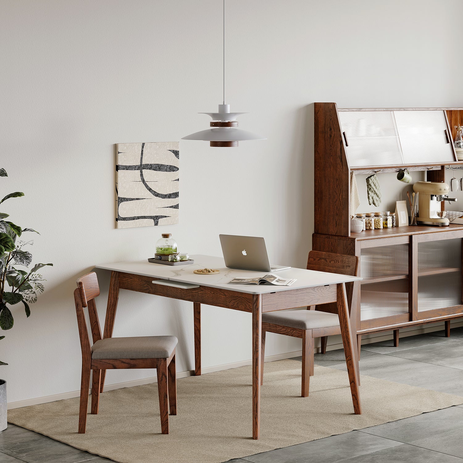 Walnut Solid Oak and White Slate Telescopic Dining Table for 6-8 People, Wood (Walnut Color) - Grand Goldman Shop