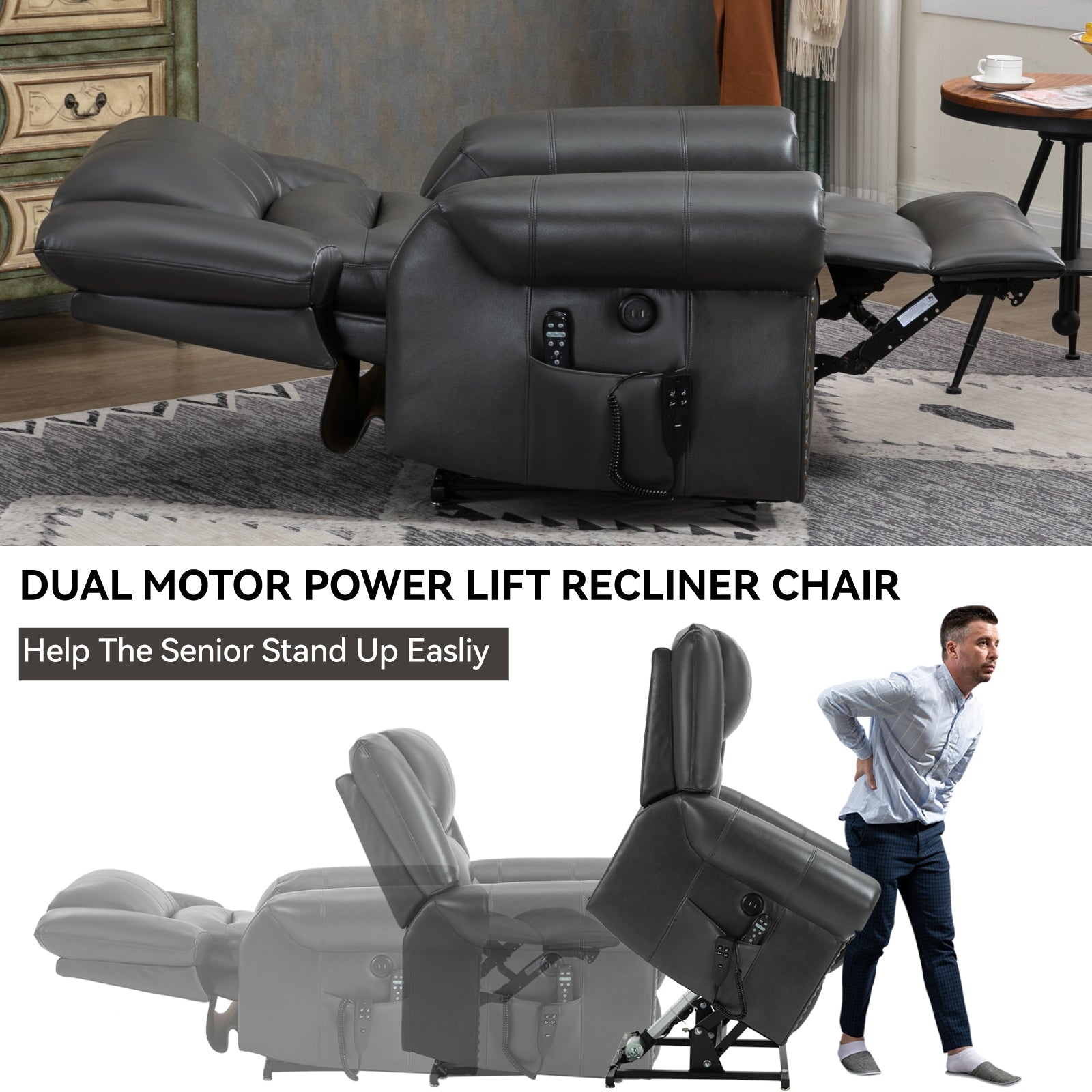 Power Lift Recliner Chair Heat Massage Dual Motor Infinite Position Up to 350 LBS, Faux Leather, Heavy Duty Motion Mechanism with USB Ports, Grey - Grand Goldman Shop