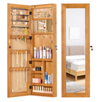 Solid Wood Jewelry Armoire Organizer Cabinet with Full-Length Mirror, Light Brown, 47.5x14.3 in Wall-Mounted Lockable with LED Light - Grand Goldman Shop