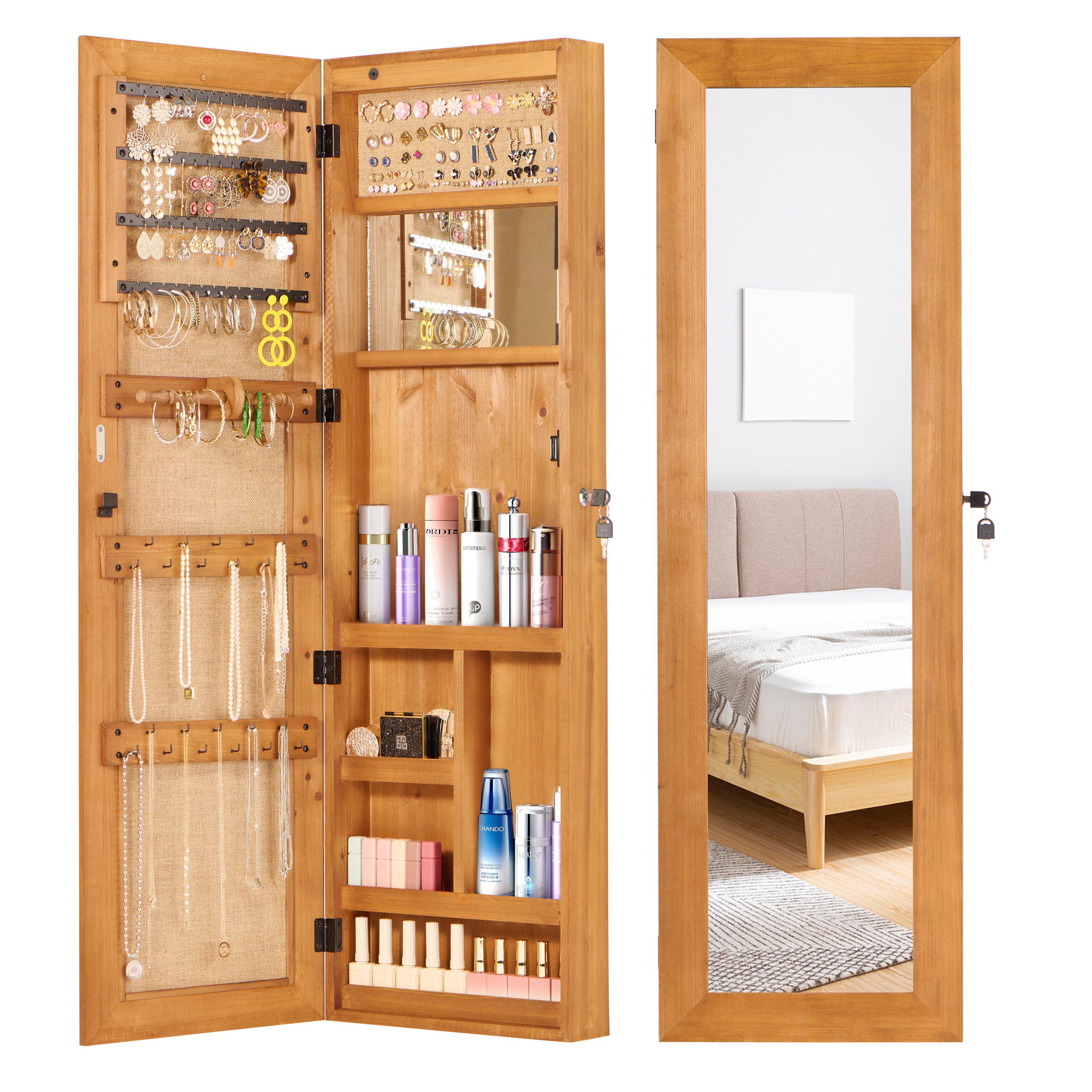 Solid Wood Jewelry Armoire Organizer Cabinet with Full-Length Mirror, Light Brown, 47.5x14.3 in Wall-Mounted Lockable with LED Light - Grand Goldman Shop