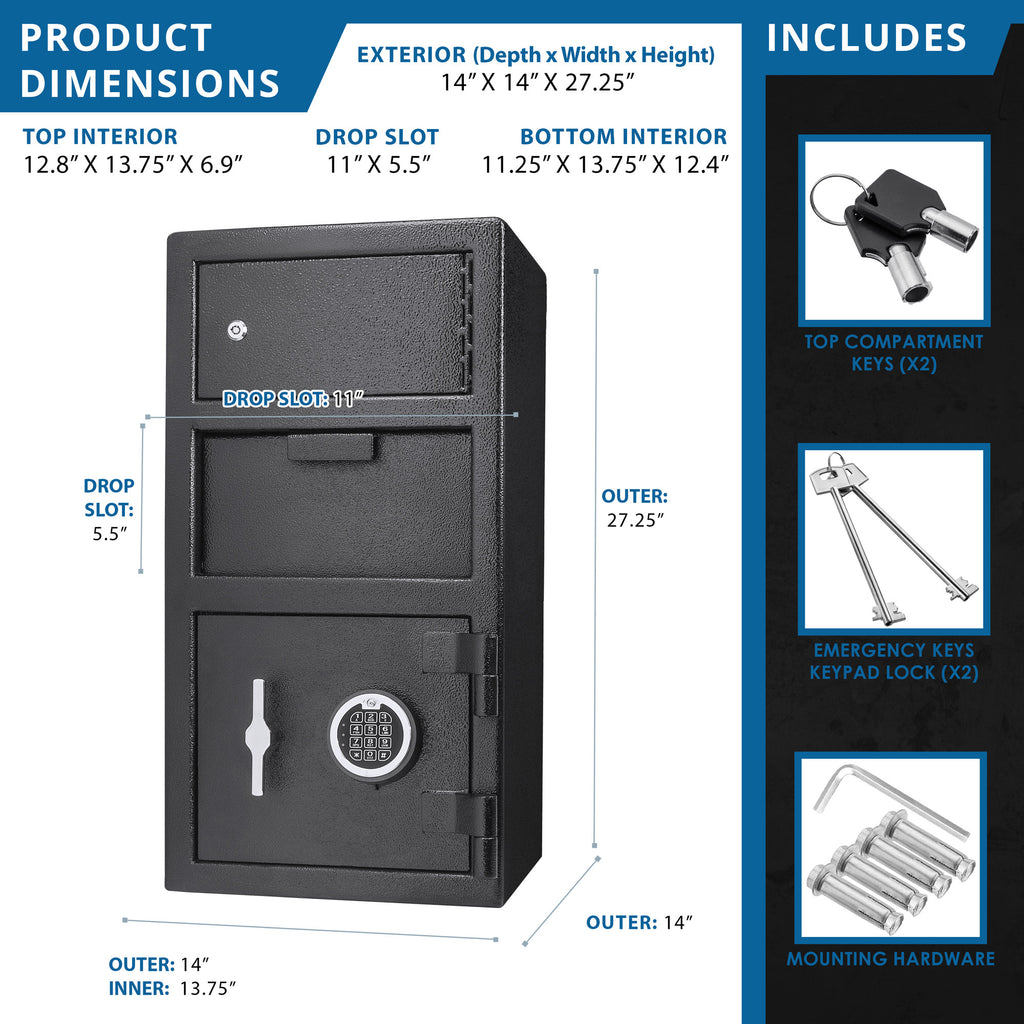 Steel Digital Keypad Large Locker Depository Safe in Black, 14 x 14 x 27.25 inches - Grand Goldman