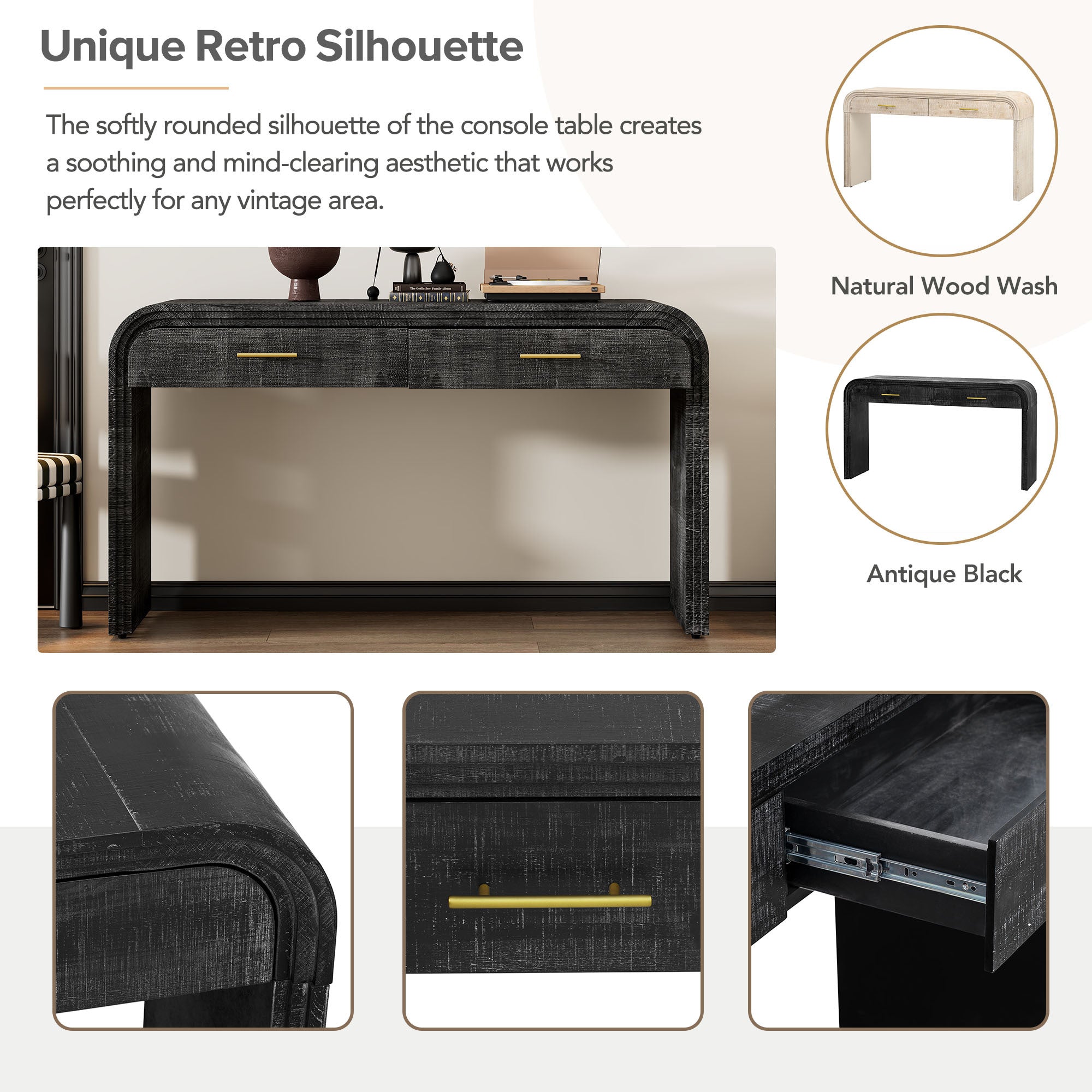 TREXM Unique Retro Silhouette Console Table with Open Style, Two Top Drawers for Entrance, Dinning Room, Living Room (Antique Black) - Grand Goldman Shop