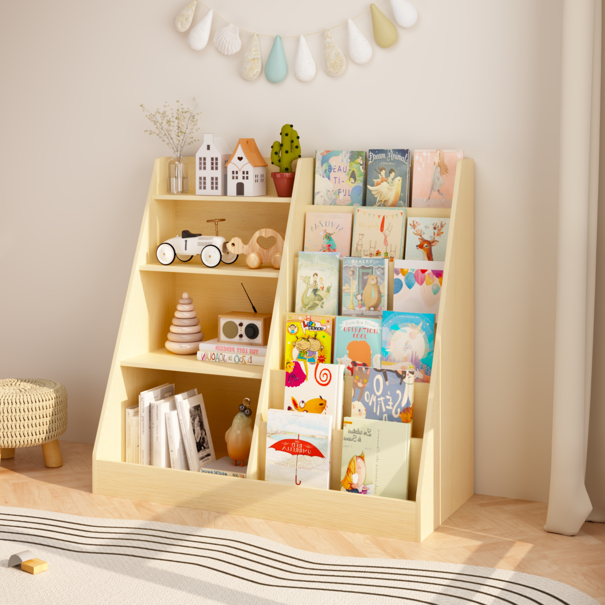 Kids Bookshelf and Toy Storage Organizer, Multifunctional 4 Tier Wooden Kids Book Shelf with  Bookcase Display Stand in Kids 