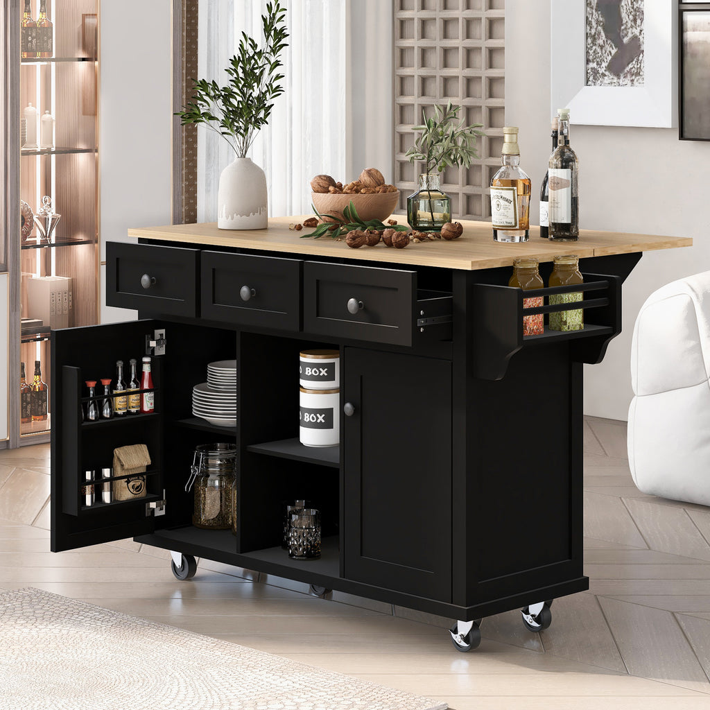 Kitchen Cart with Rubber wood Drop-Leaf Countertop ,Cabinet door internal storage racks,Kitchen Island on 5 Wheels with Storage Cabinet and 3 Drawers for Dinning Room, Black - Grand Goldman Shop