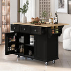 Kitchen Cart with Rubber wood Drop-Leaf Countertop ,Cabinet door internal storage racks,Kitchen Island on 5 Wheels with Storage Cabinet and 3 Drawers for Dinning Room, Black - Grand Goldman Shop