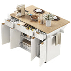 K&K Fluted Kitchen Island with Storage, 55.5' Kitchen Island with Drop Leaf, Power Outlet, 4 Doors and 3 Drawers, Rolling Island Table with Wood-grain Top, Curved Edge for Kitchen,Dining Room White - Grand Goldman Shop