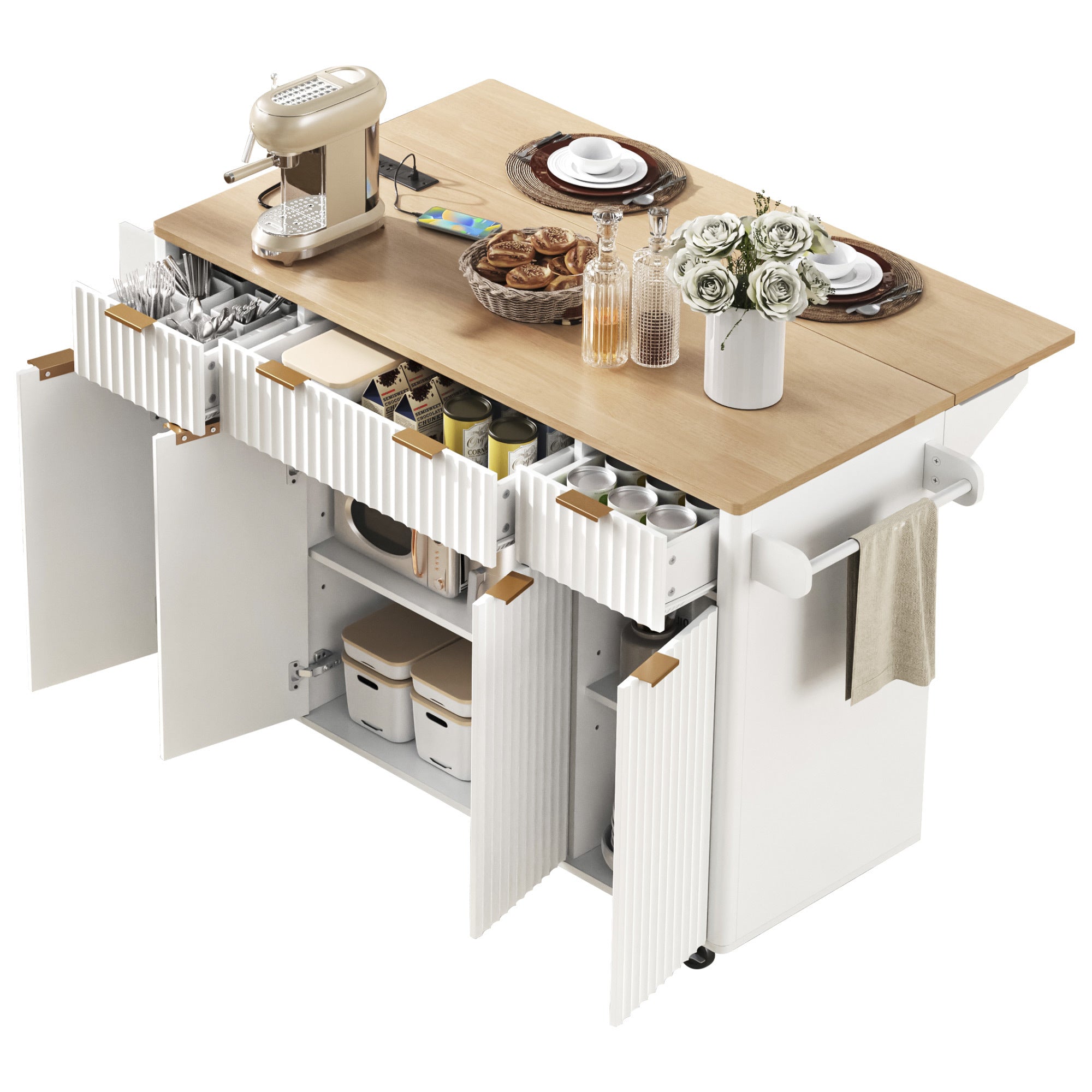 K&K Fluted Kitchen Island with Storage, 55.5' Kitchen Island with Drop Leaf, Power Outlet, 4 Doors and 3 Drawers, Rolling Island Table with Wood-grain Top, Curved Edge for Kitchen,Dining Room White - Grand Goldman Shop