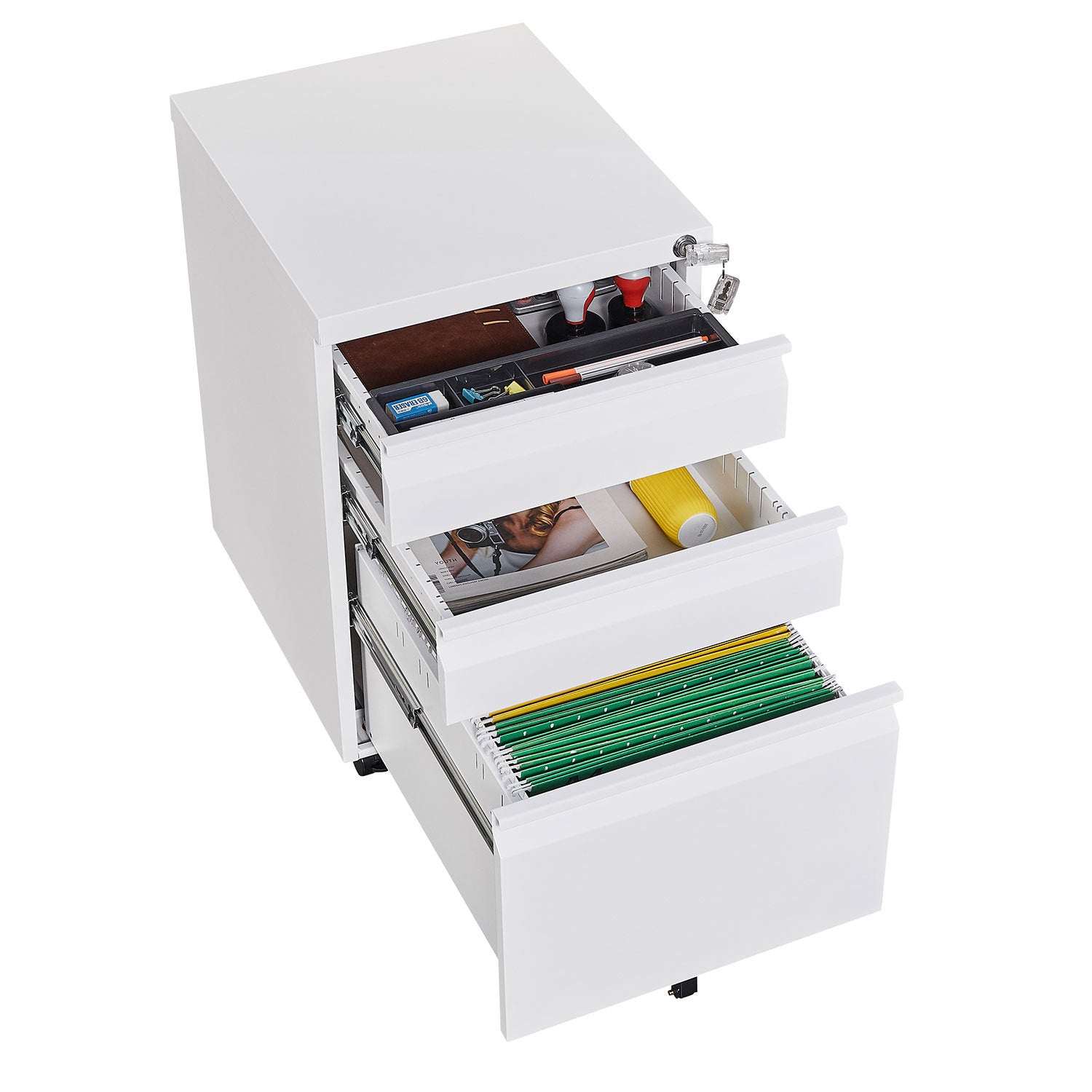 Modern 3-Drawer Mobile Filing Cabinet with Lock, White Metal Office Storage, Legal/Letter Size - Grand Goldman
