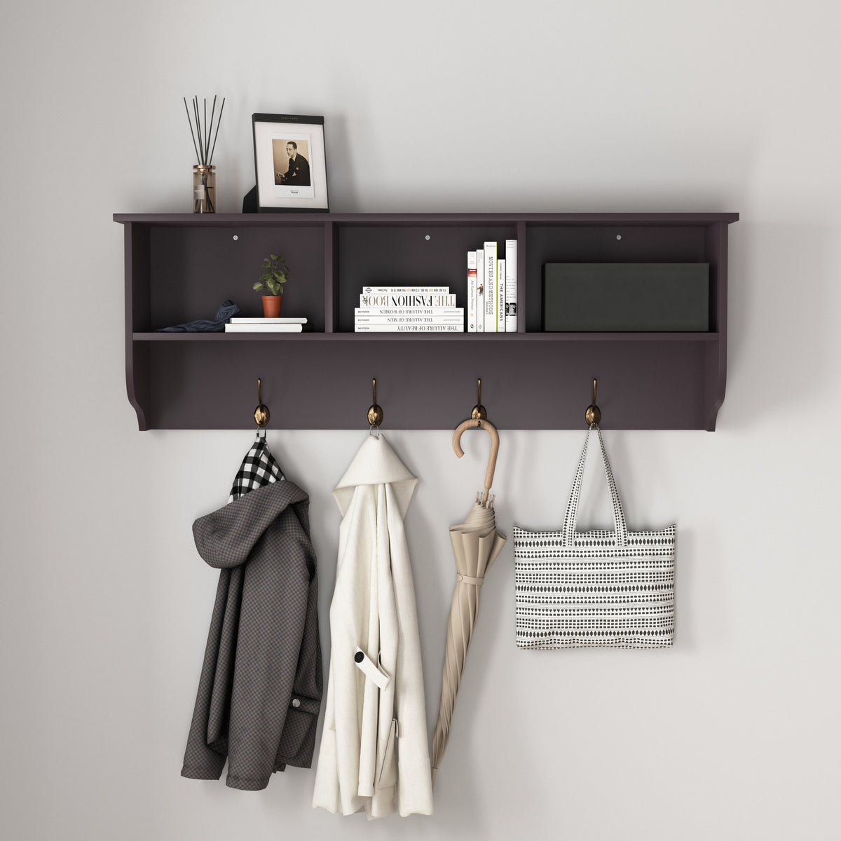 Espresso Entryway Wall Mounted Coat Rack with 4 Dual Hooks Living Room Wooden Storage Shelf - Grand Goldman Shop