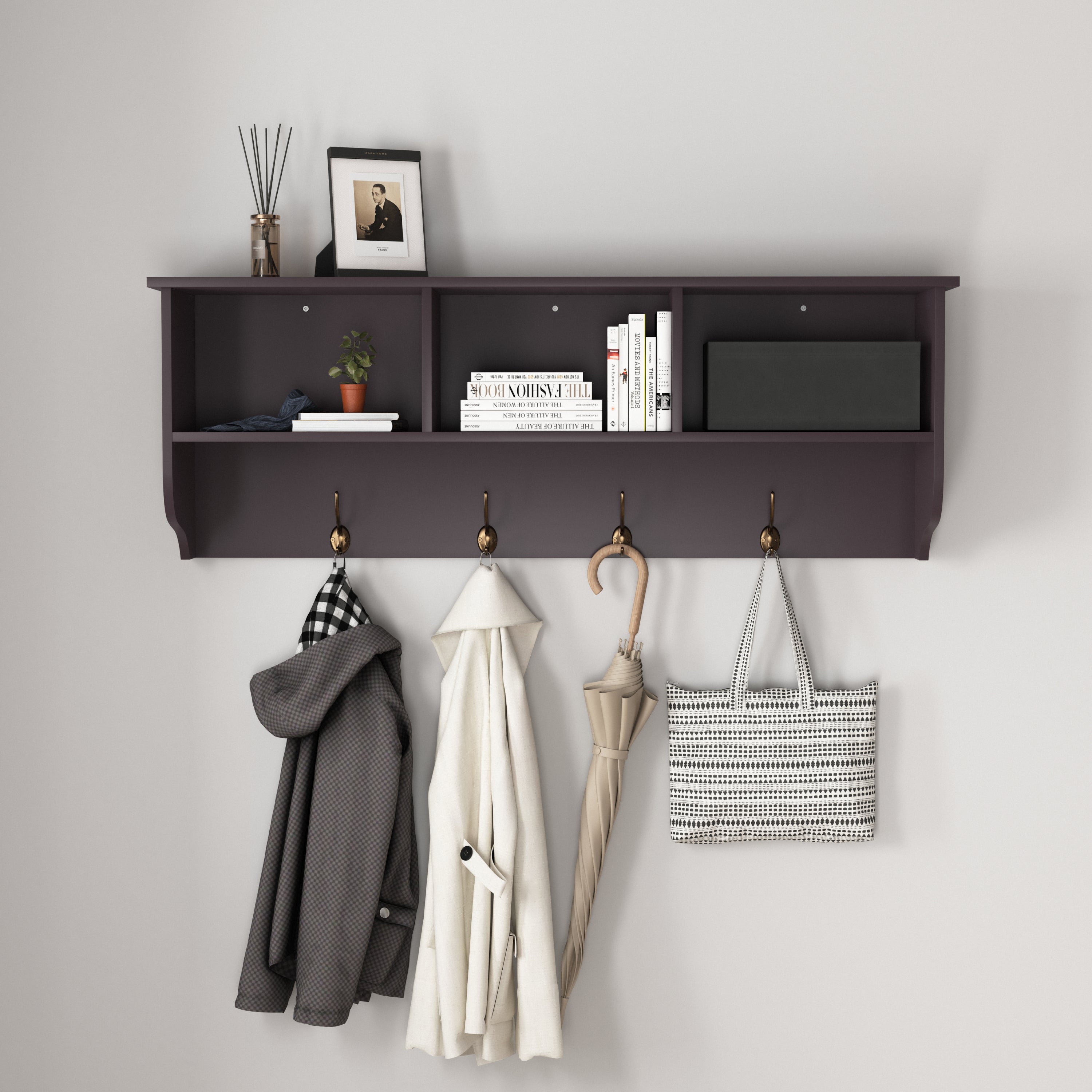 Espresso Entryway Wall Mounted Coat Rack with 4 Dual Hooks Living Room Wooden Storage Shelf - Grand Goldman Shop