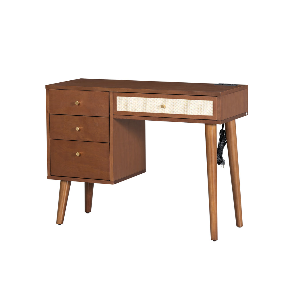 39' Retro Bohemian Style Wooden Makeup Vanity Set with Charging Plug&USB Port and Stool, Dressing Table with 3 Storage Drawers and 1 Rectangular Rattan Drawer, Walnut - Grand Goldman Shop