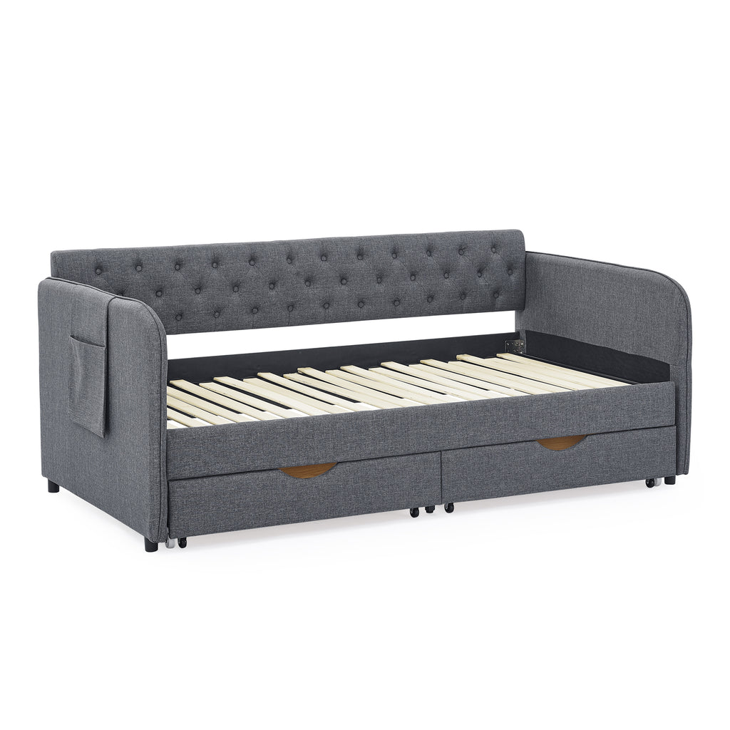 Twin Size Upholstered Daybed with Trundle and Drawers, Dark Gray Linen, Flat Arms, Extendable for Bedroom or Living Room - Grand Goldman Shop