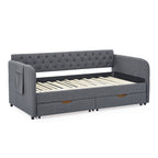 Twin Size Upholstered Daybed with Trundle and Drawers, Dark Gray Linen, Flat Arms, Extendable for Bedroom or Living Room - Grand Goldman Shop