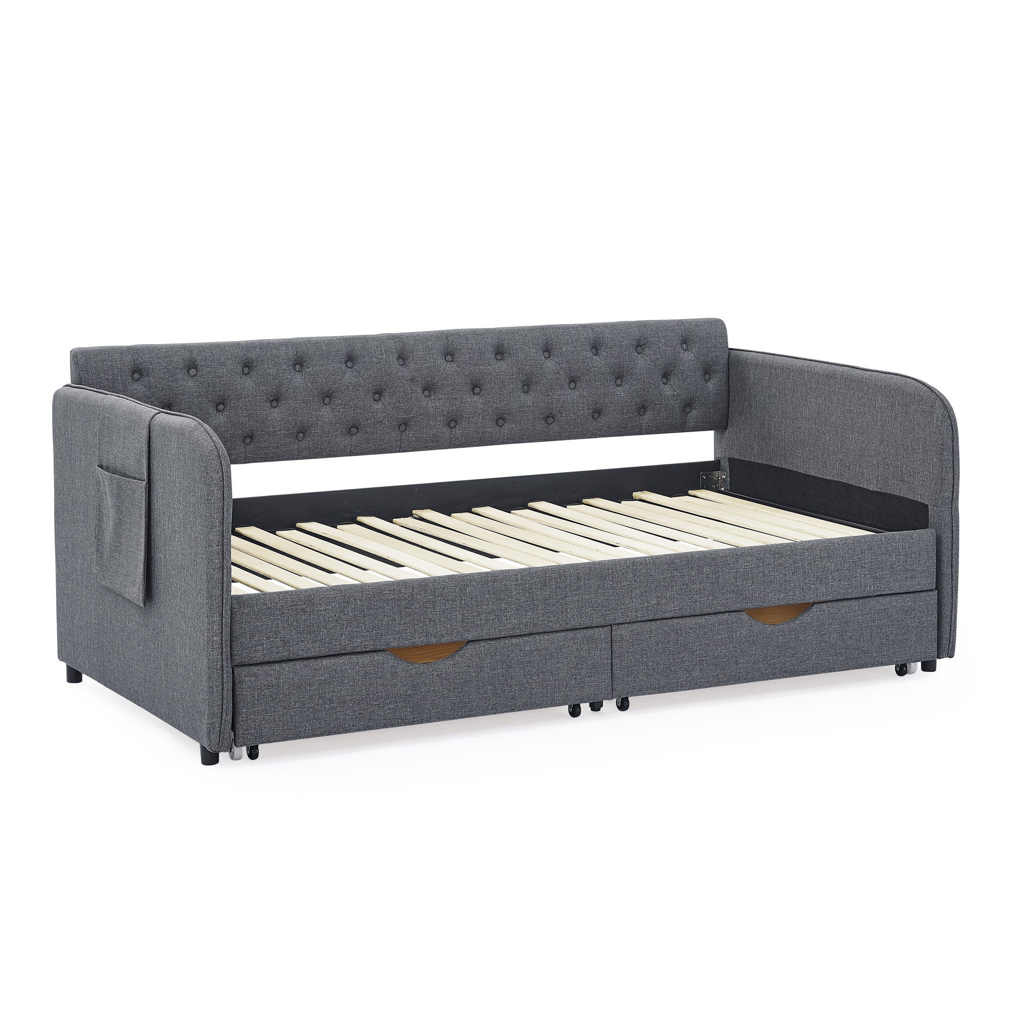 Twin Size Upholstered Daybed with Trundle and Drawers, Dark Gray Linen, Flat Arms, Extendable for Bedroom or Living Room - Grand Goldman Shop