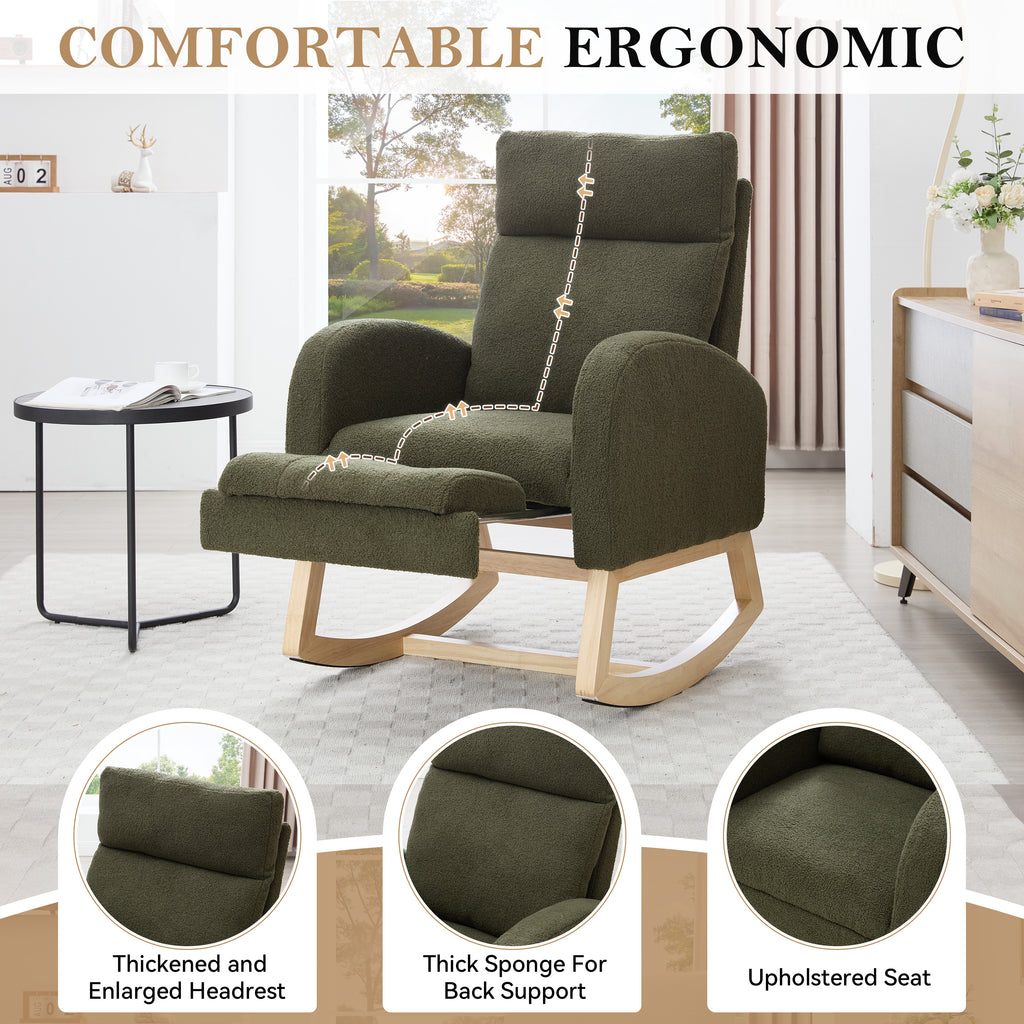 015B-Teddy Fabric Leisure Rocking Chair,Nursery Rocking Chair With Adjustable Footstool,Thickened Headrest And High Backrest, Storage Pocket On The Right Side,The Base Rocker Is Solid Wood,Green - Grand Goldman Shop