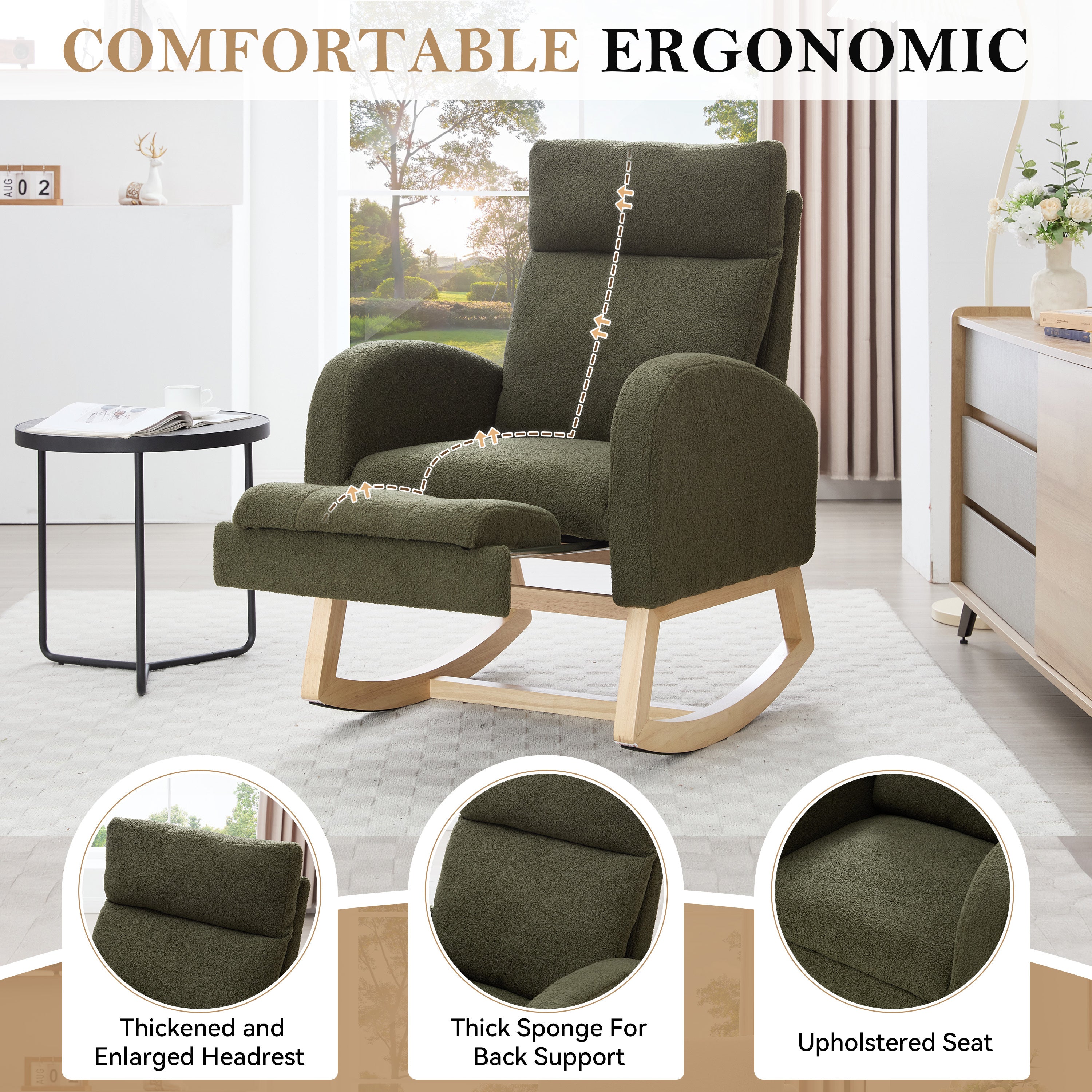 015B-Teddy Fabric Leisure Rocking Chair,Nursery Rocking Chair With Adjustable Footstool,Thickened Headrest And High Backrest, Storage Pocket On The Right Side,The Base Rocker Is Solid Wood,Green - Grand Goldman Shop