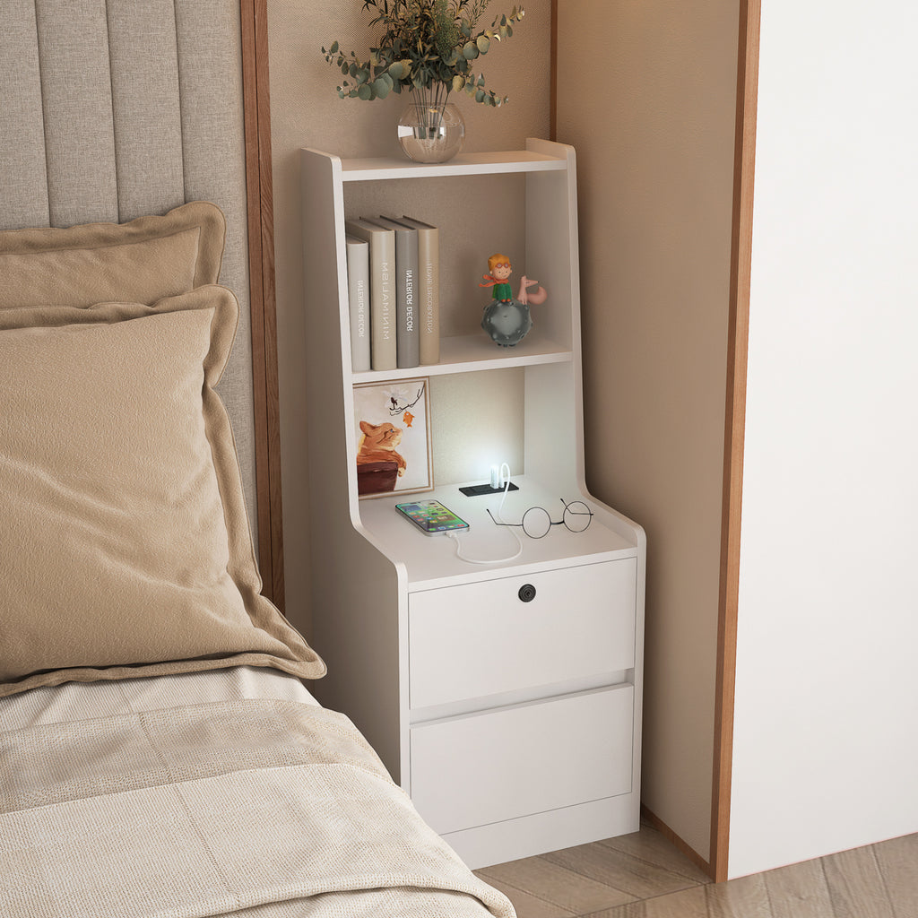 Nightstand with Charging Station, Smart Nightstand with Night Light, Modern Night Stand with Bookshelf, Bedside Tables with Storage Cabinet for Bedroom, White - Grand Goldman Shop