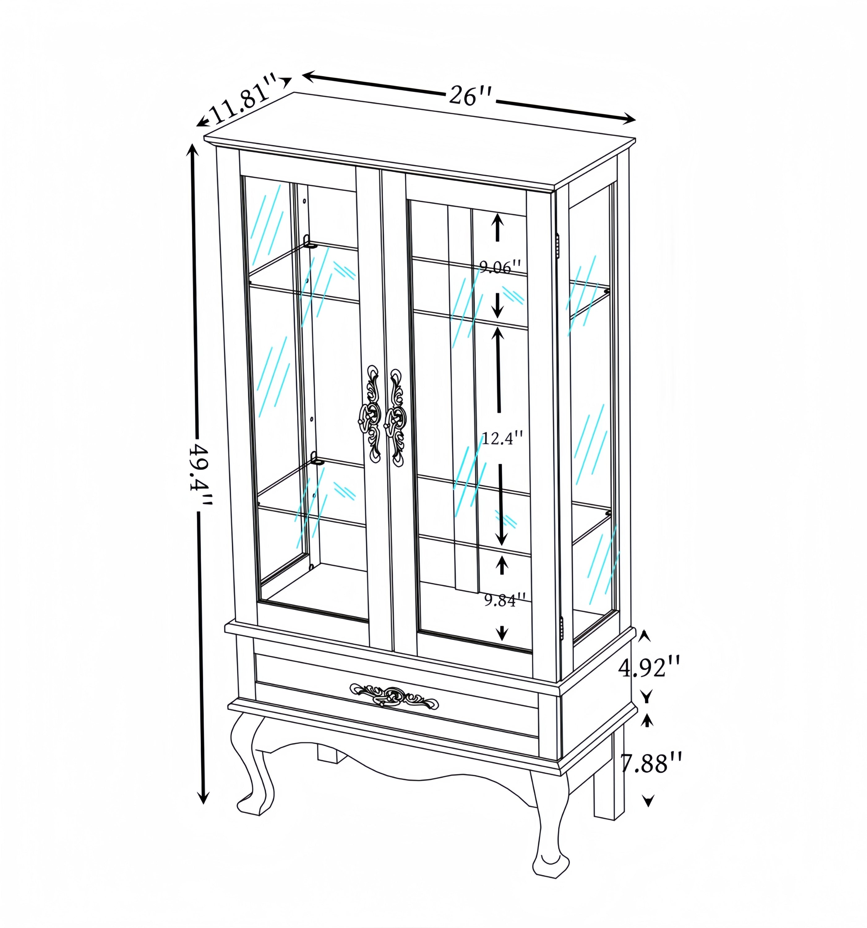 Lighted Glass Cabinet Glass Wine Cabinet Curio Display Cabinet with Adjustable Glass Shelves 2 Doors and 1 drawer Cabinet Bulb Included OAK - Grand Goldman Shop