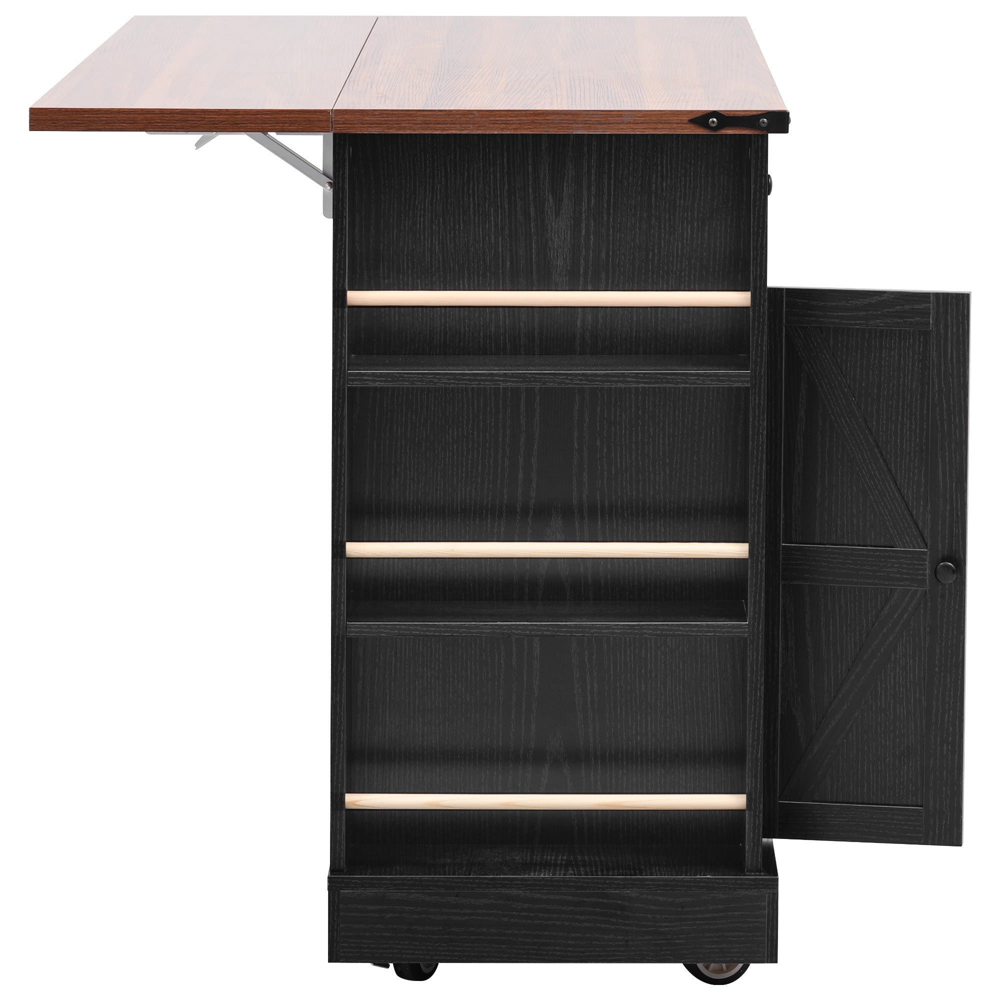 K&K 53'' Farmhouse Kitchen Island with Two Tempered Glass Cabinet Doors, Power Outlet, Rolling Kitchen Cart on Wheels with Drop Leaf, 5 Open Side Racks, 3 Drawers, for Kitchen, Dining Room, Black - Grand Goldman Shop