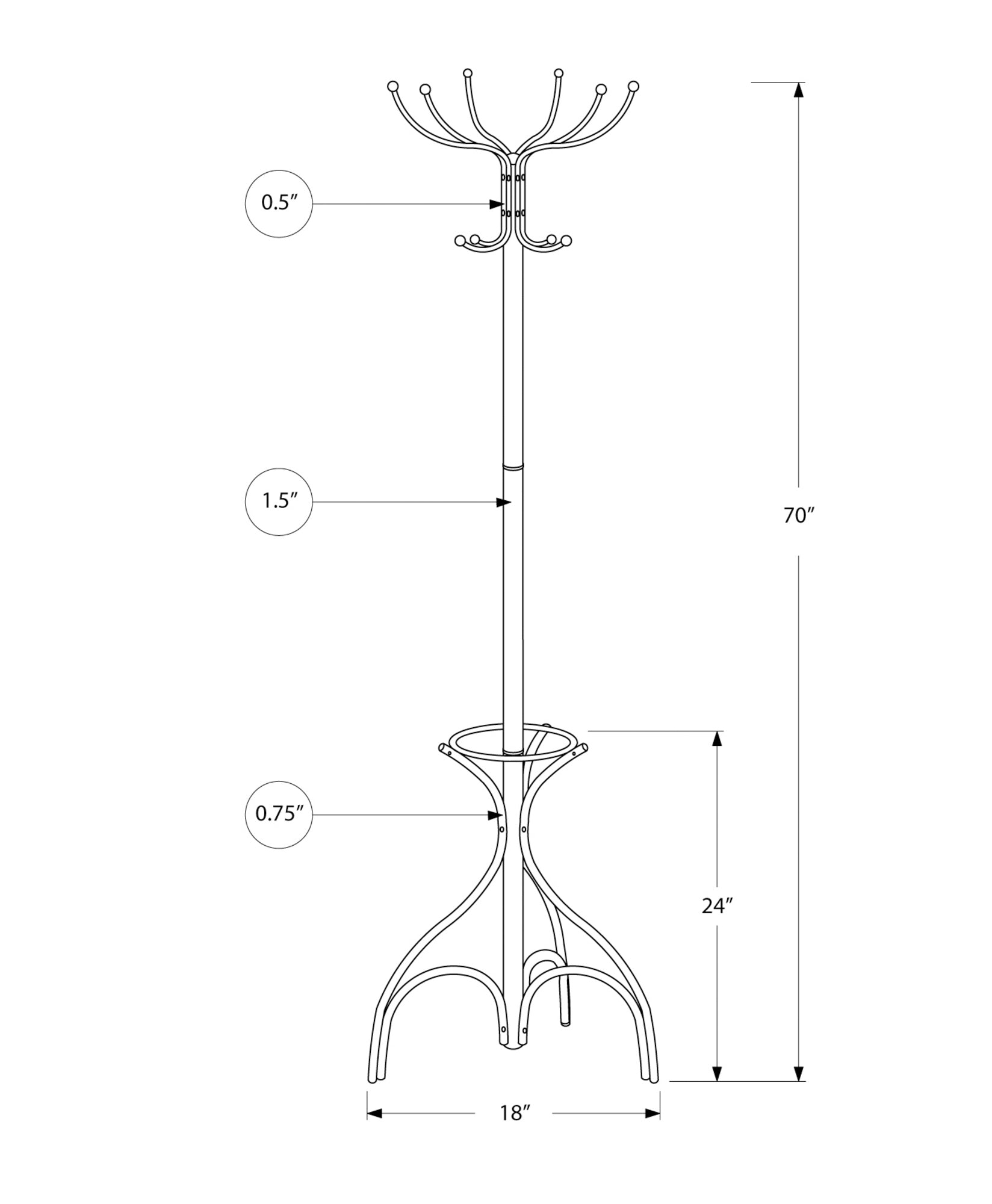 Coat Rack, Hall Tree, Free Standing, 12 Hooks, Entryway, 70'h, Umbrella Holder, Bedroom, Black Metal, Transitional - Grand Goldman Shop