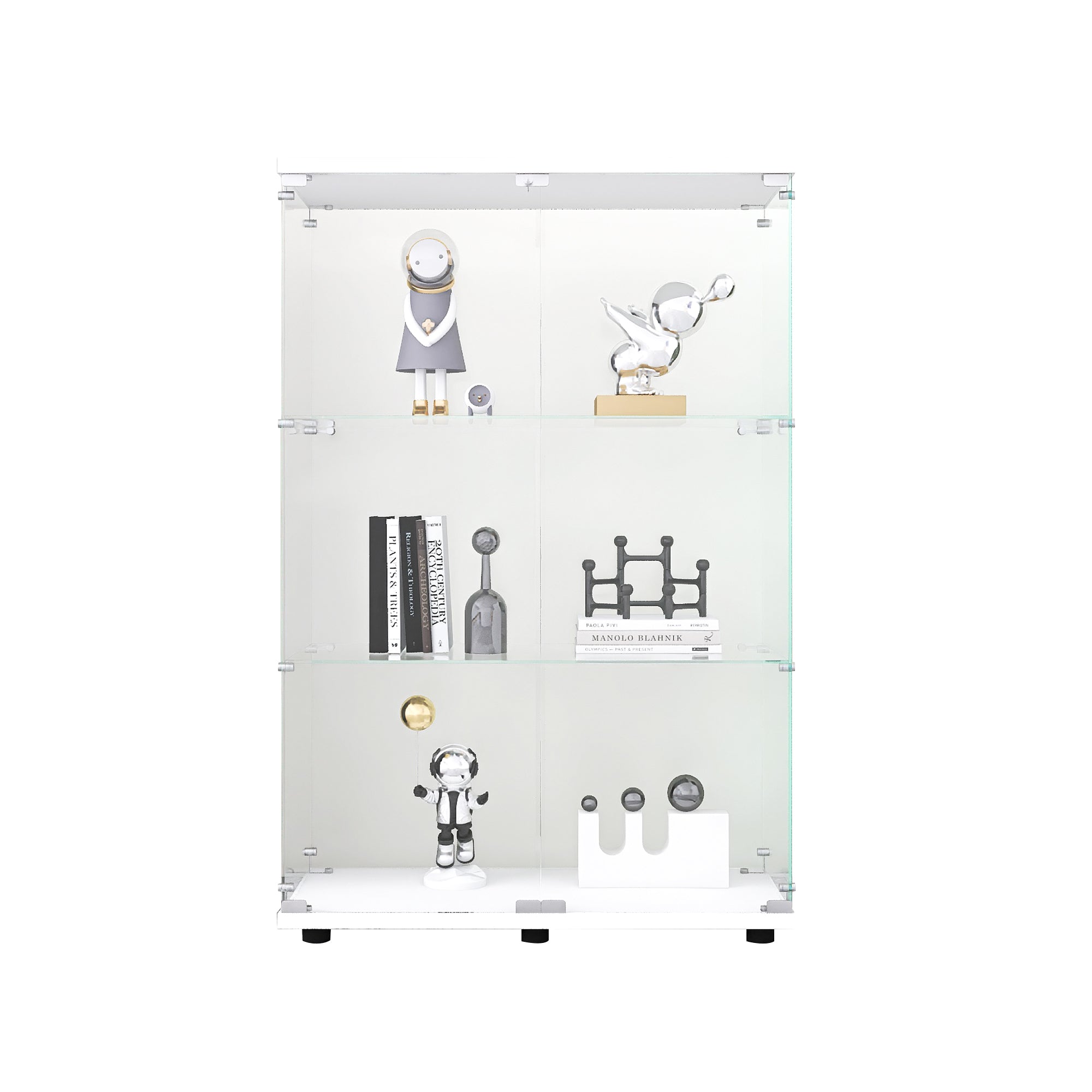 Two-door Glass Display Cabinet 3 Shelves with Door, Floor Standing Curio Bookshelf for Living Room Bedroom Office, 49.3'*31.7