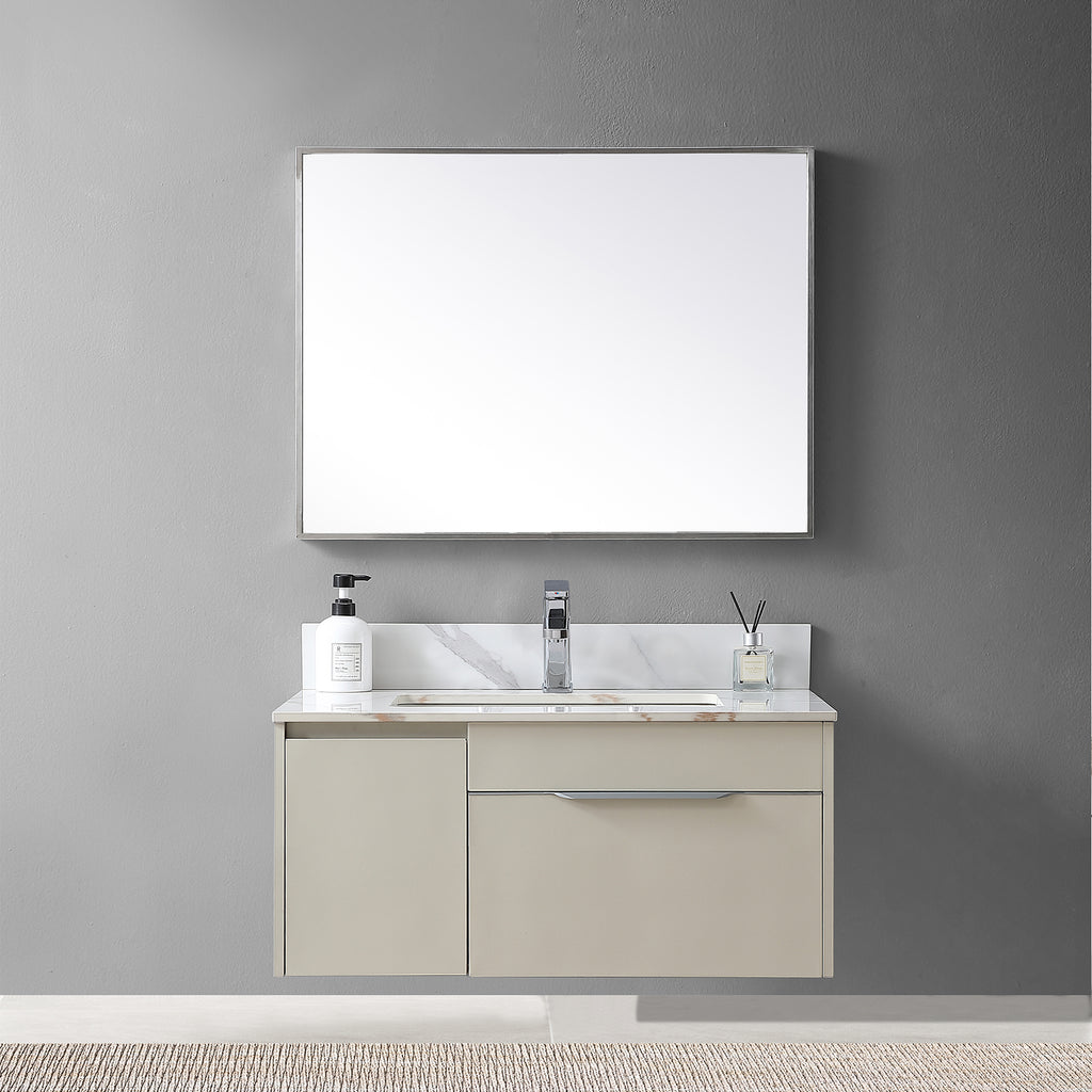 Montary 31inch bathroom stone vanity top carrara gold color with undermount ceramic sink and single faucet hole with backsplash - Grand Goldman Shop