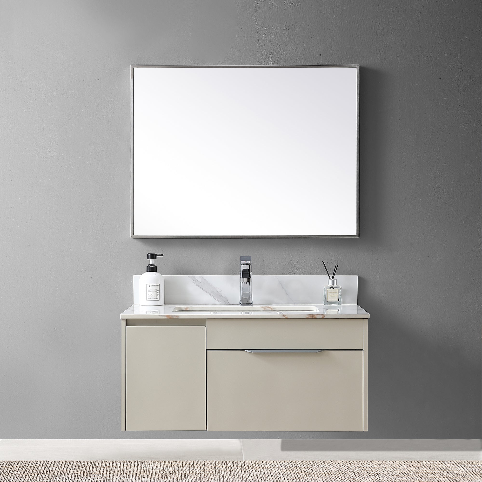 Montary 31inch bathroom stone vanity top carrara gold color with undermount ceramic sink and single faucet hole with backsplash - Grand Goldman Shop