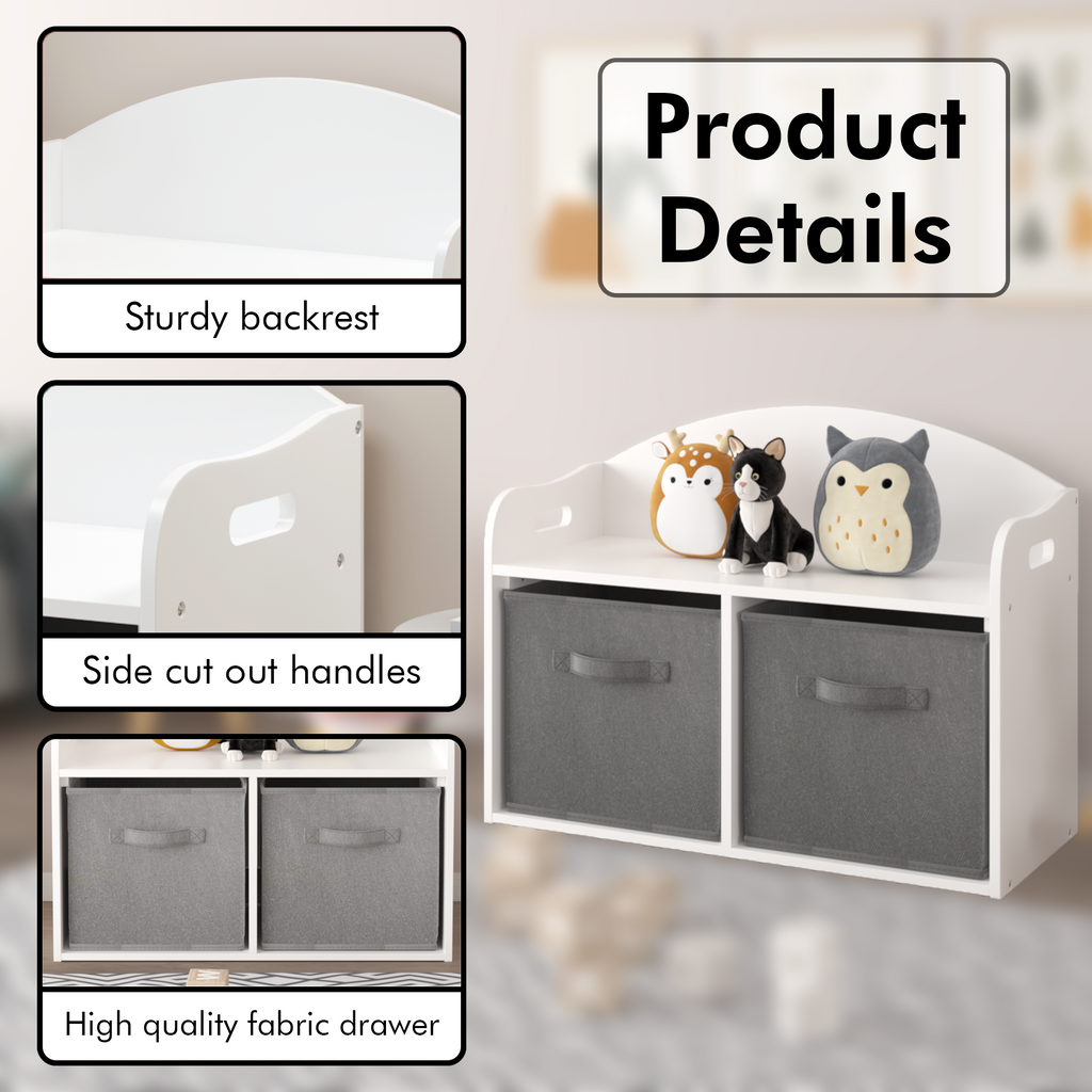 Kids Wooden Toy Box Bench with Collapsible Fabric Drawers, White MDF Storage Cabinet Organizer, 24.6 x 11.8 x 19.1 inches - G