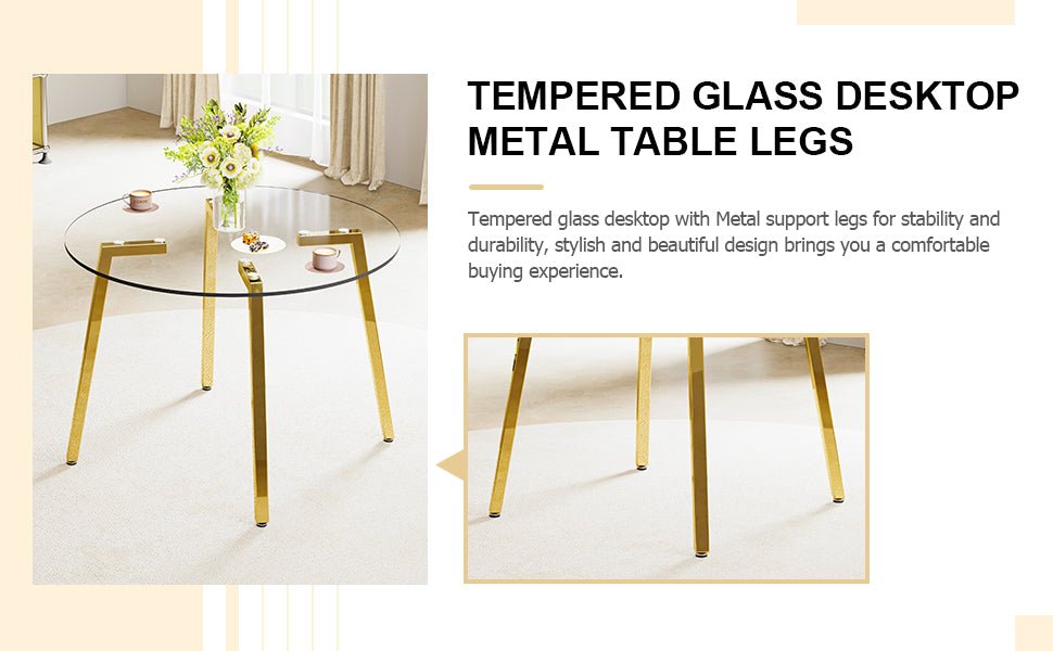 Modern minimalist style circular transparent tempered glass table, tempered glass tabletop, golden metal legs, suitable for kitchen, dining room, and living room, 42 '* 42' * 29.5 '1123r - Grand Goldman Shop
