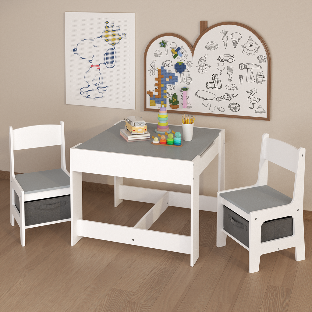 Kids Table and Chair Set, 3 in 1 Wooden Activity Table with Storage Drawer for Toddlers Drawing, Reading, Crafts, 2 in 1 Deta