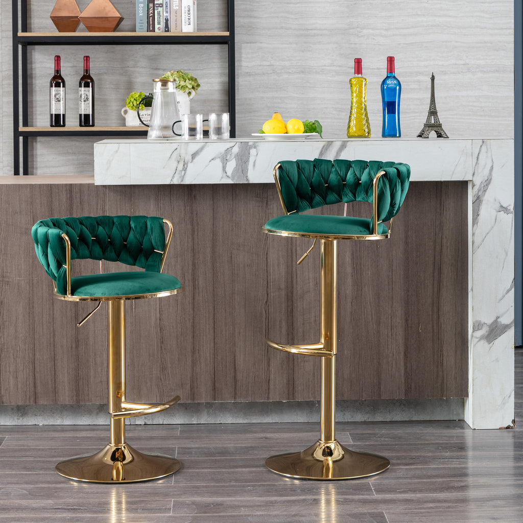 Set of 2  Bar Stools,with Chrome Footrest and Base Swivel Height Adjustable Mechanical Lifting Velvet + Golden Leg Simple Bar Stool-Green - Grand Goldman Shop