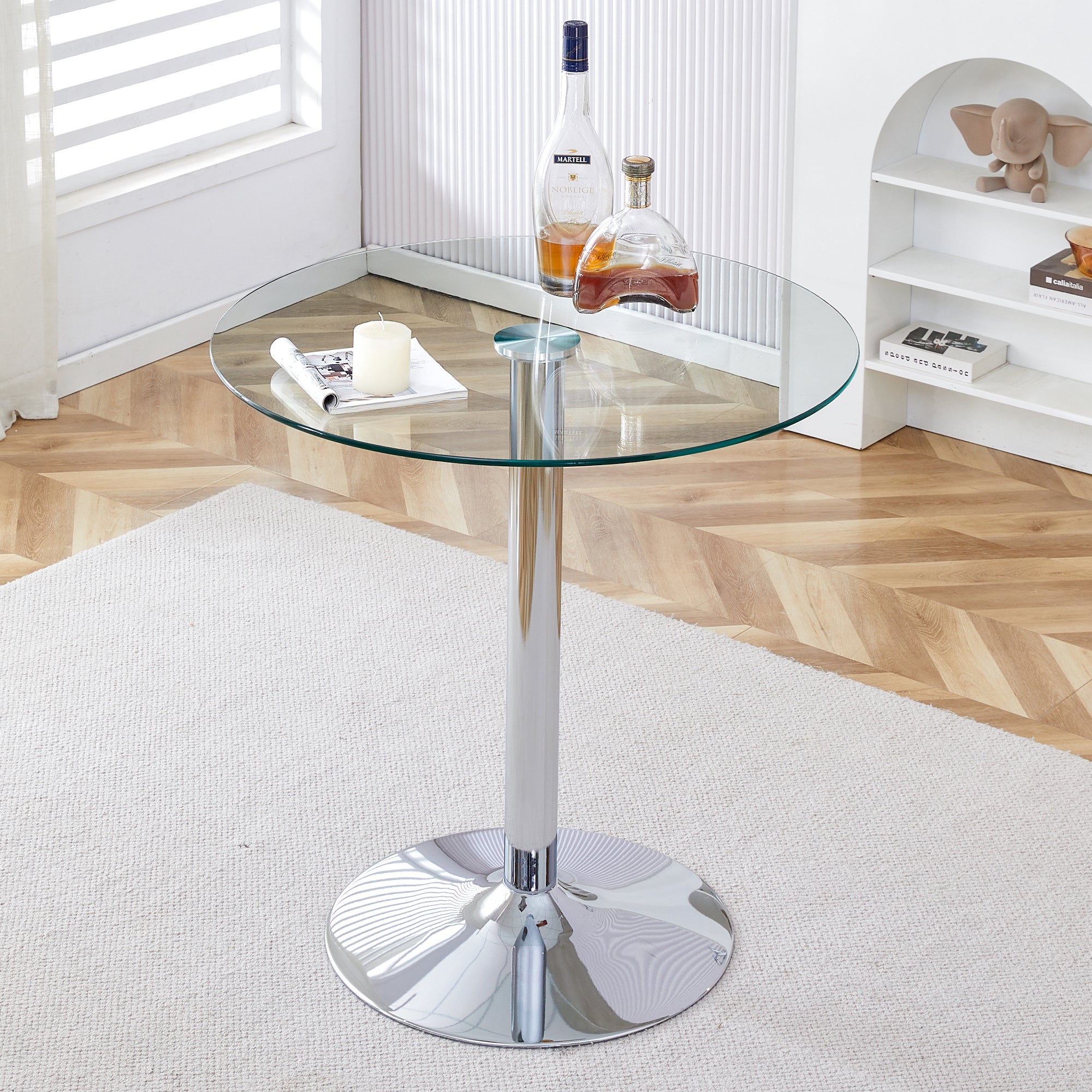 Modern Minimalist Circular Glass Dining Table with Electroplated Silver Metal Legs, 35-Inch Diameter - Grand Goldman Shop