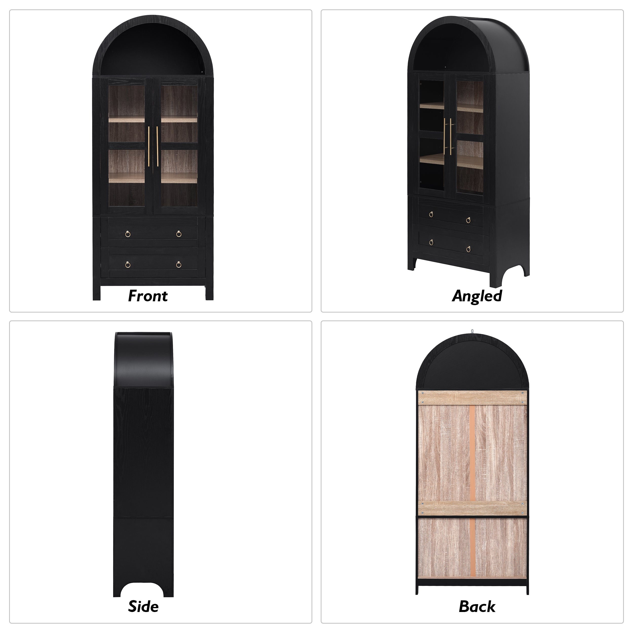 K&K 71' Tall Arched Kitchen Pantry Cabinet with 2 Large Drawers, Modern Farmhouse Kitchen Storage Cabinets with Adjustable Shelves, Glass Door, Wood Versatile Cupboard for Kitchens, Dining Room, Black - Grand Goldman Shop