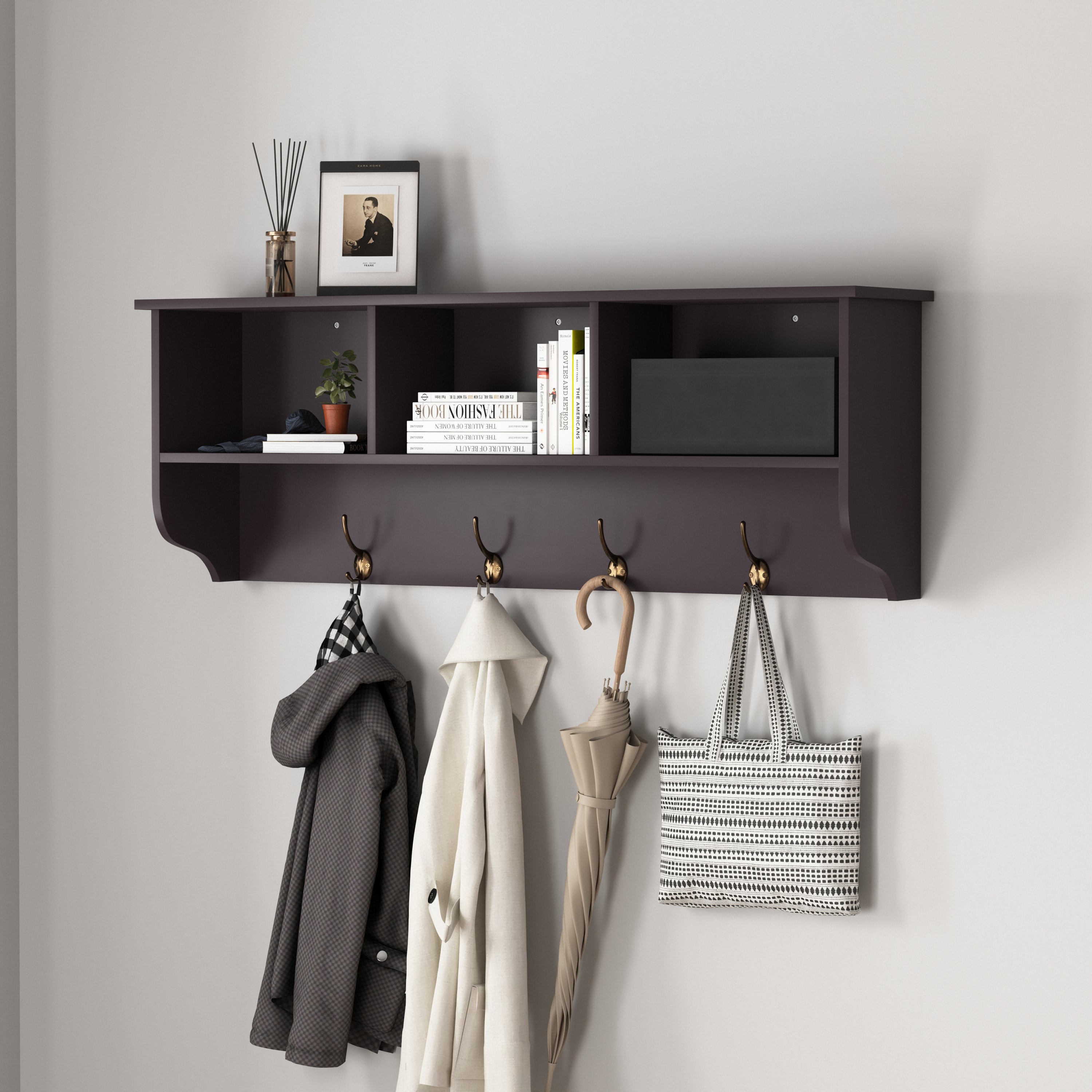 Espresso Entryway Wall Mounted Coat Rack with 4 Dual Hooks Living Room Wooden Storage Shelf - Grand Goldman Shop